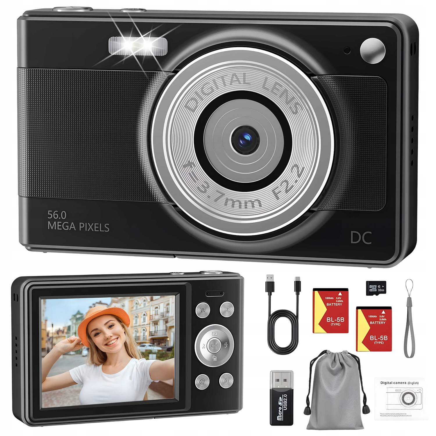 Lehký Digitální Fotoaparát 56 Mp S 16X Zoomem A 2.8PALCOVÝM Displejem Pro Fotografování