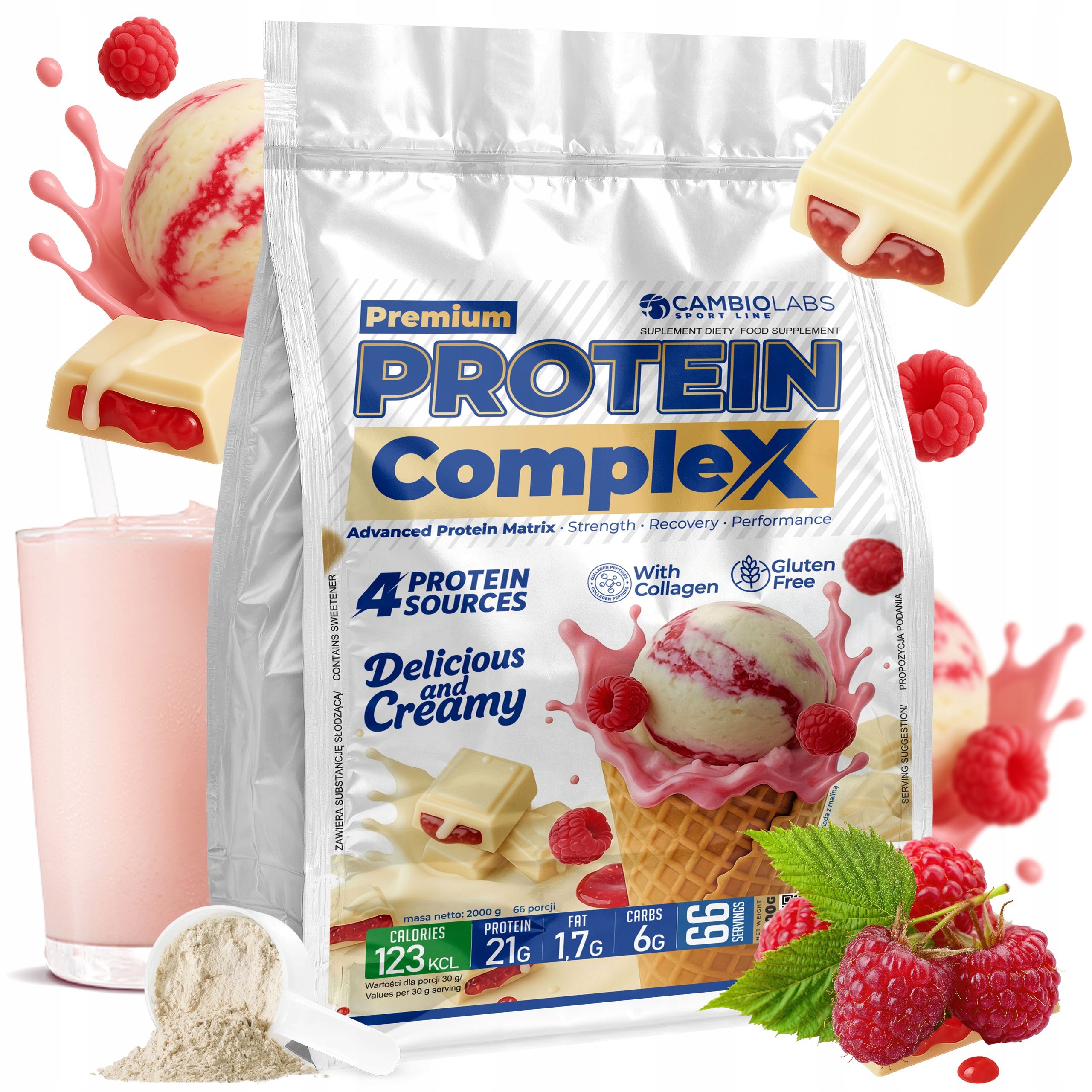 Protein Směs bílkovin Wpc Kolagen Bílá Čokoláda Malina 2 kg