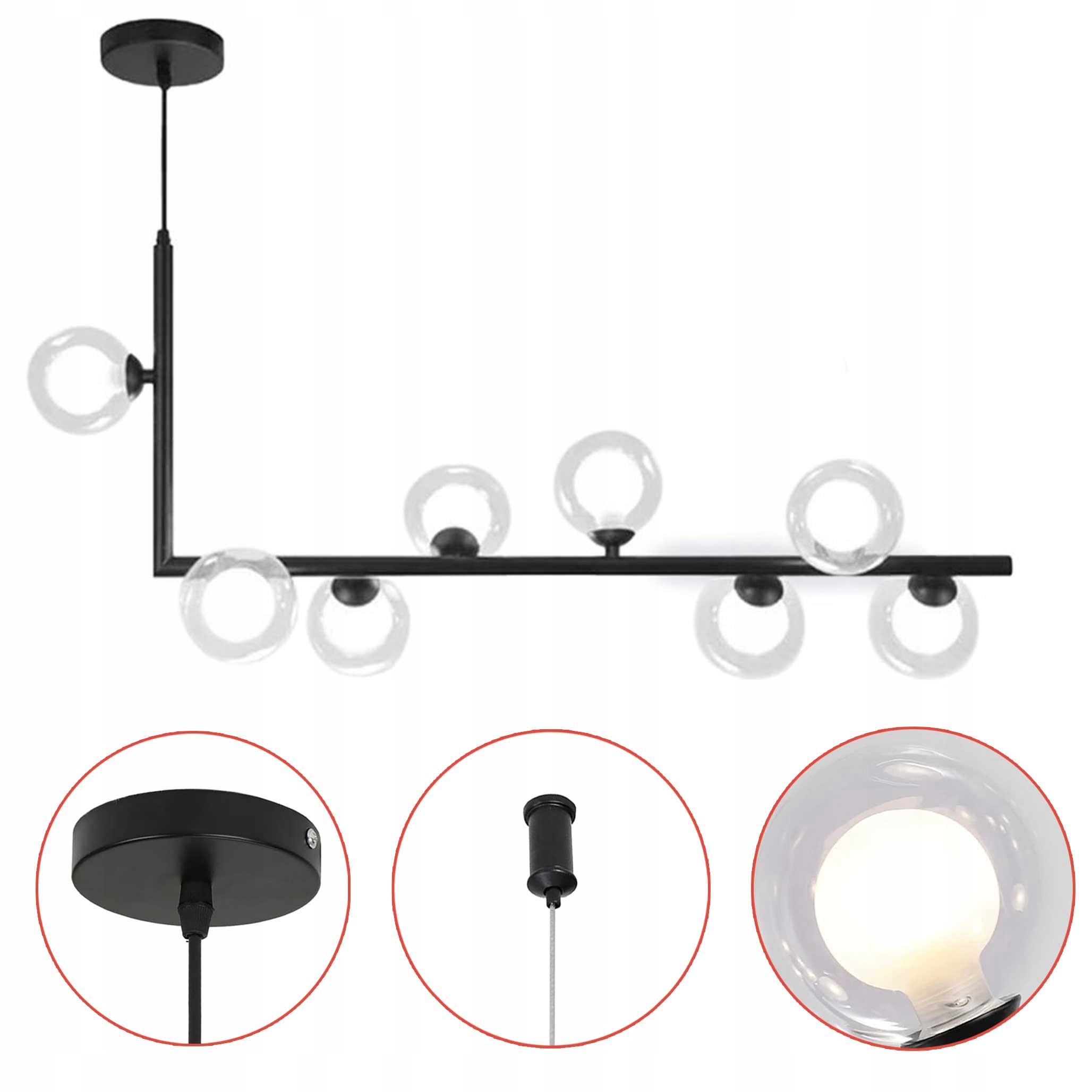 Moderná závesná lampa čierna horizontálna 8xG9 kovové sklo do kuchyne a jedálne