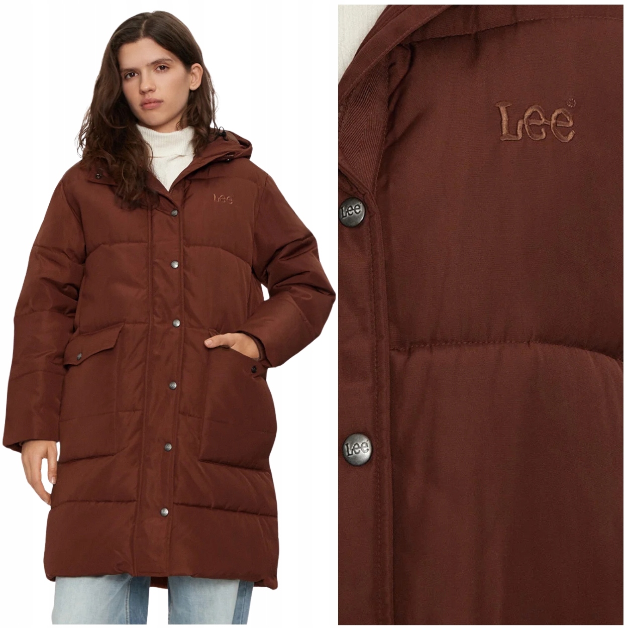 Lee Long Puffer Jacket Clove dlouhá červená dámská péřová bunda s kapucí Xs