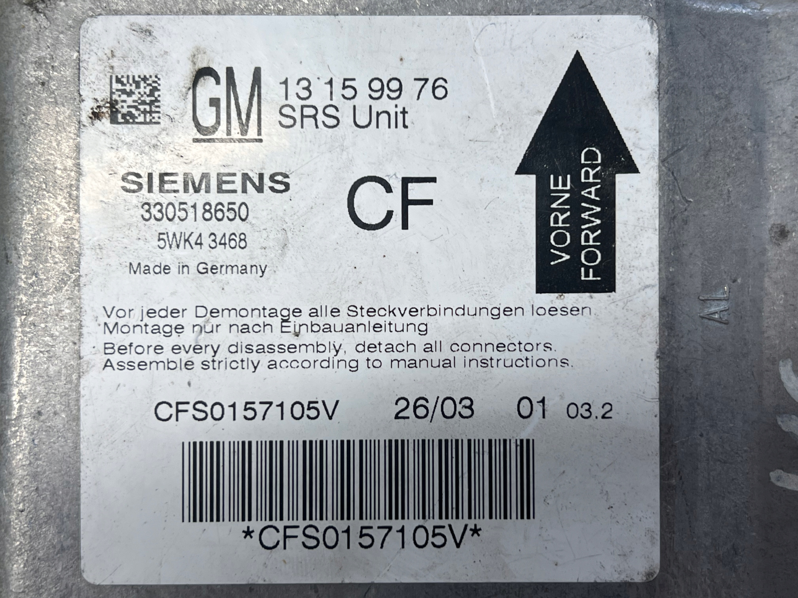 OPEL VECTRA C modulo SENSOR airbag airbag 13159976 CF BEZWYPADKOWY