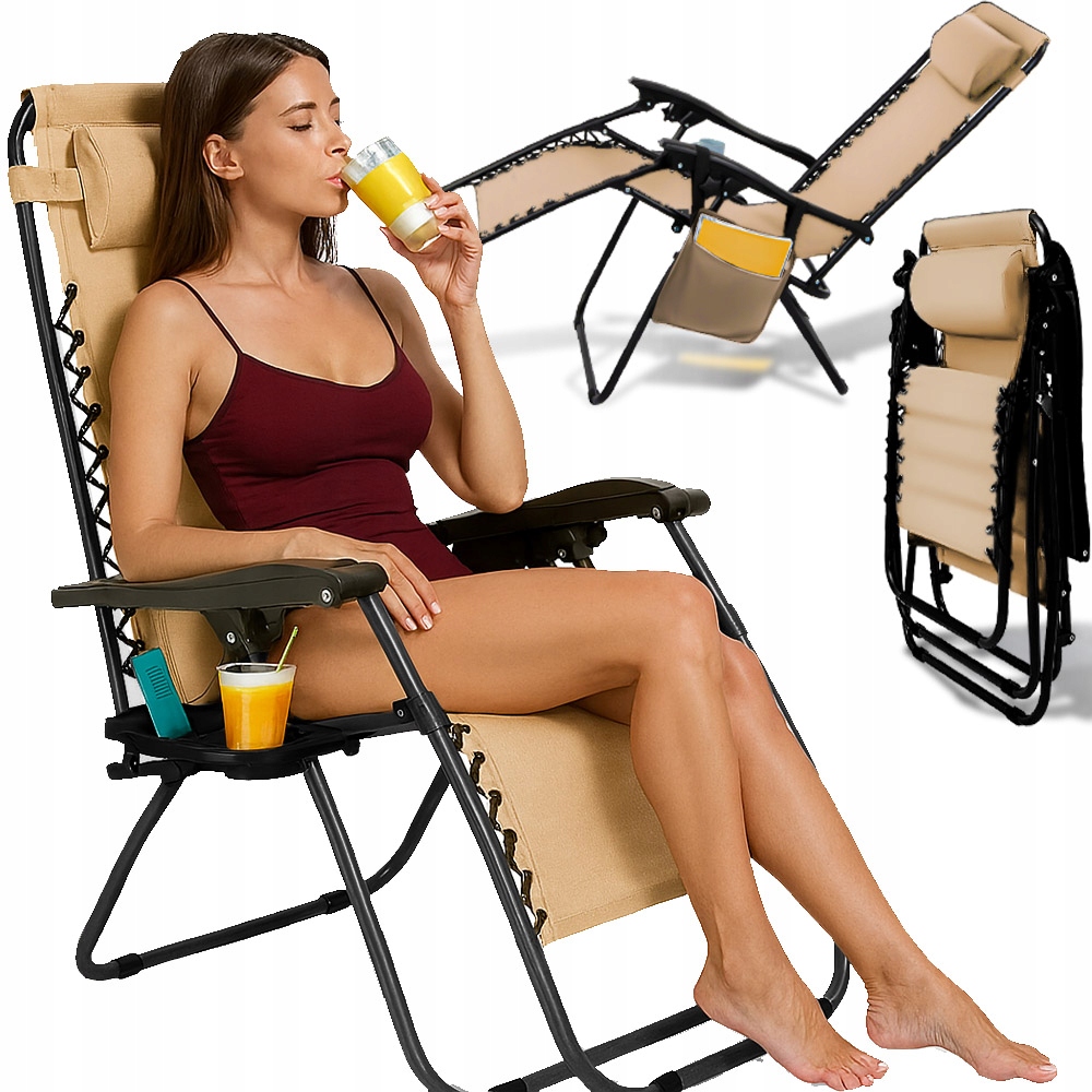 Leżak Ogrodowy Fotel Plażowy Basenowy Składany Grawitacyjny Poduszka Półka