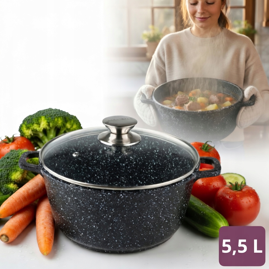 Garnek Z Powłoką Marmurkową Edel Hoff Czarny Indukcja 5,5L 26CM
