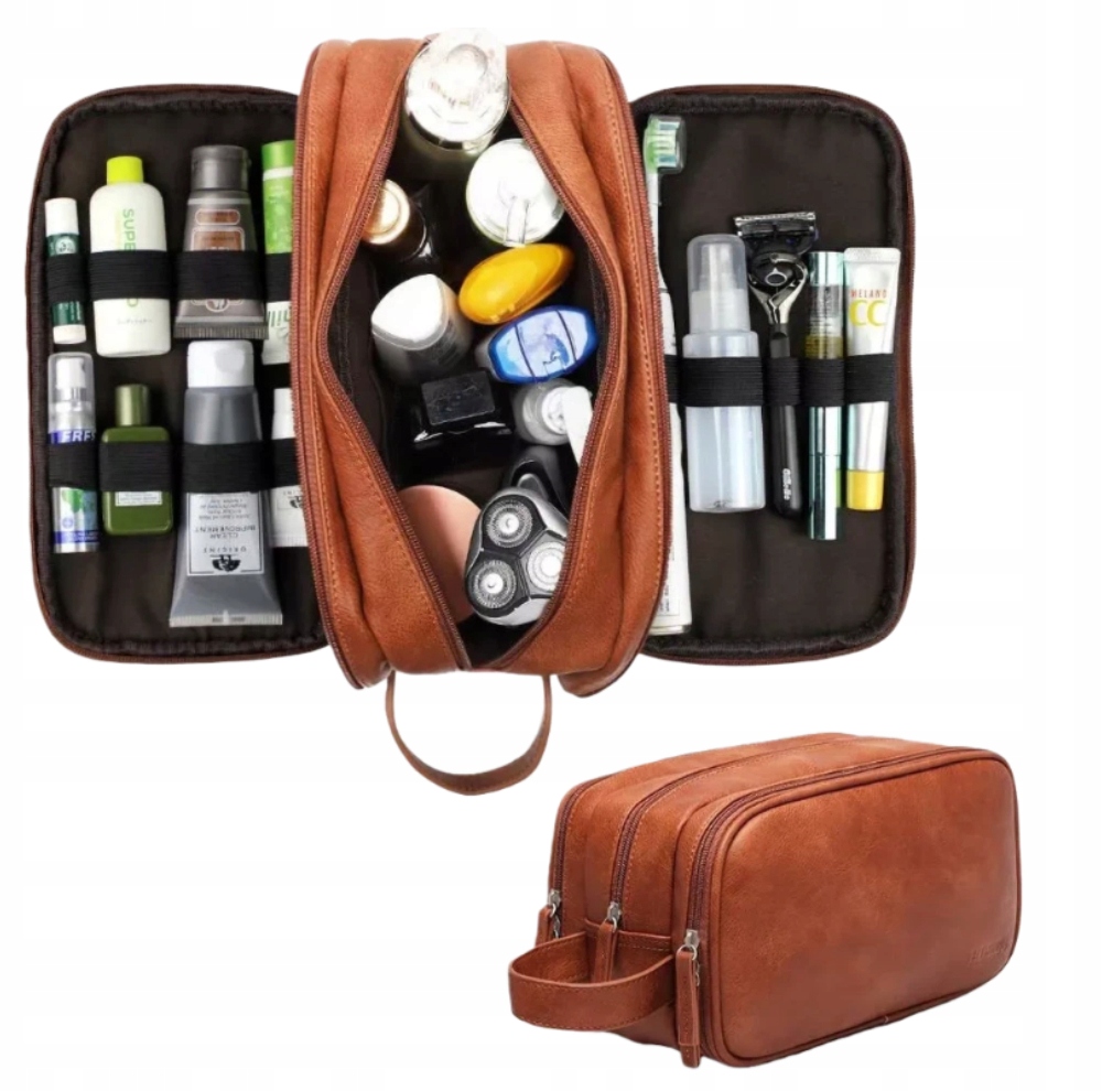 Pánská Cestovní Kosmetická Taška Z Kůže, Hnědá, 3 Komory, Organizér Velký