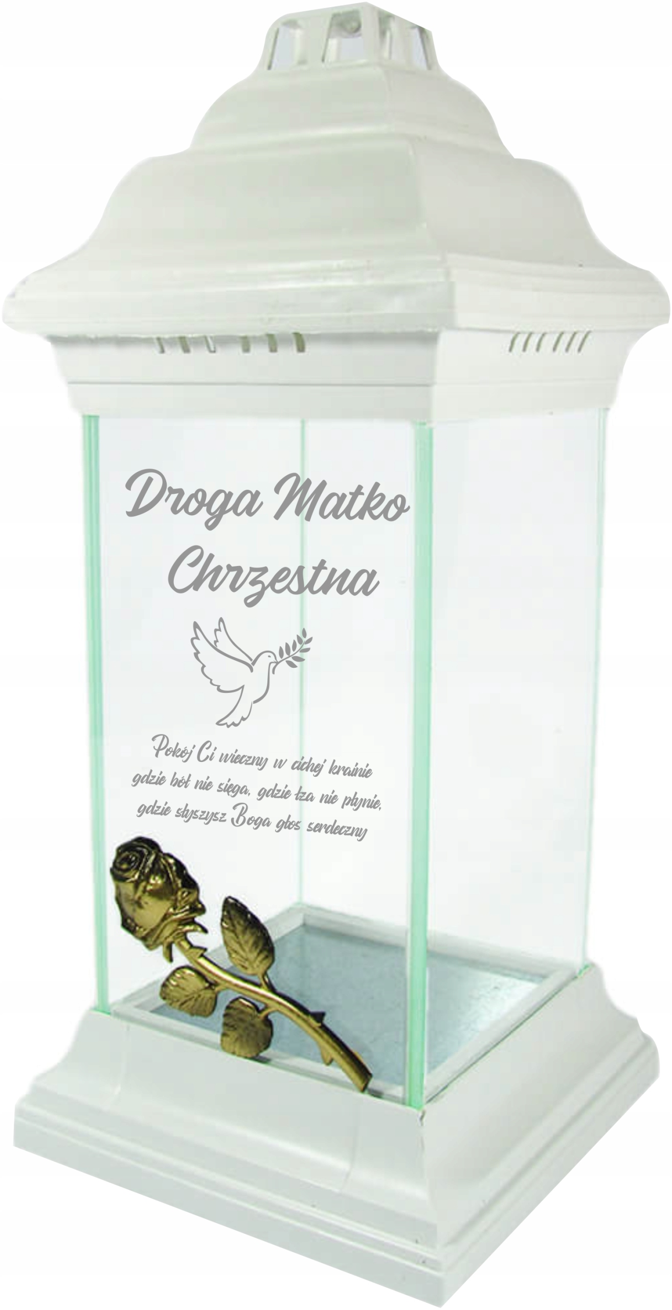 Zničené gravírované hřbitovní svíčka kaplička s růží Bílá