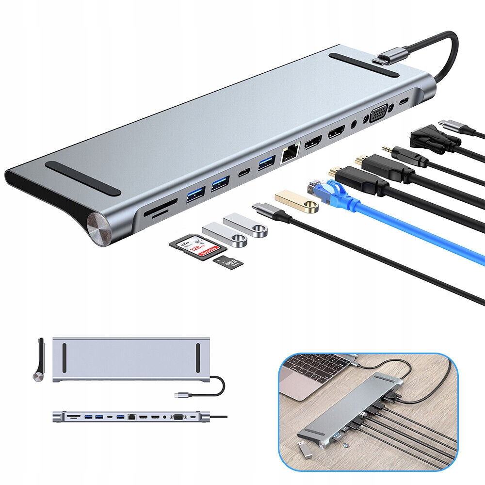 Dokovací stanice Usb-c Hub pro notebook 12v1 Usb 3.0 Hdmi 4K Lan alu 100W