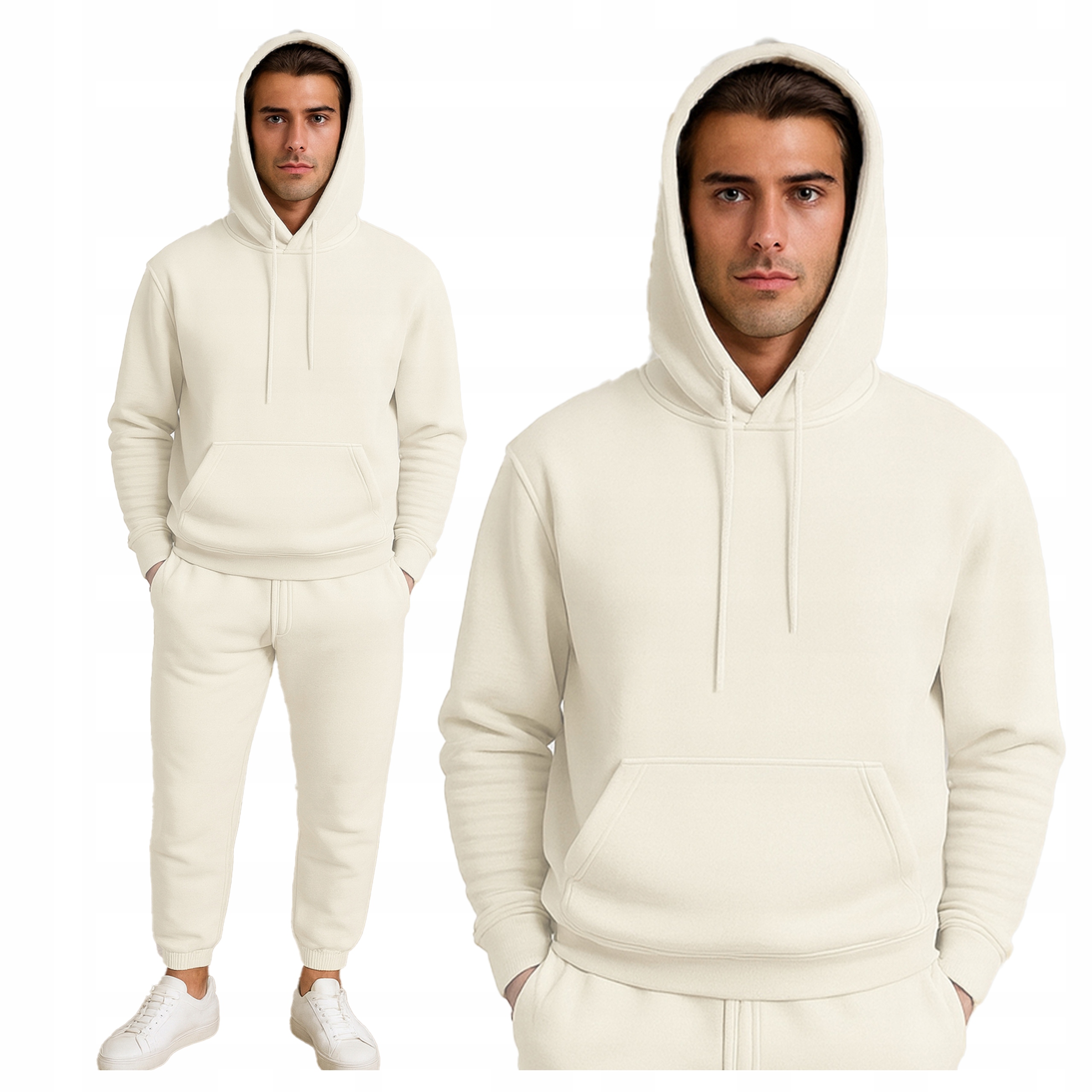 Męski Ciepły Dres Bluza Nierozpinana Spodnie Jogger Kremowy XL