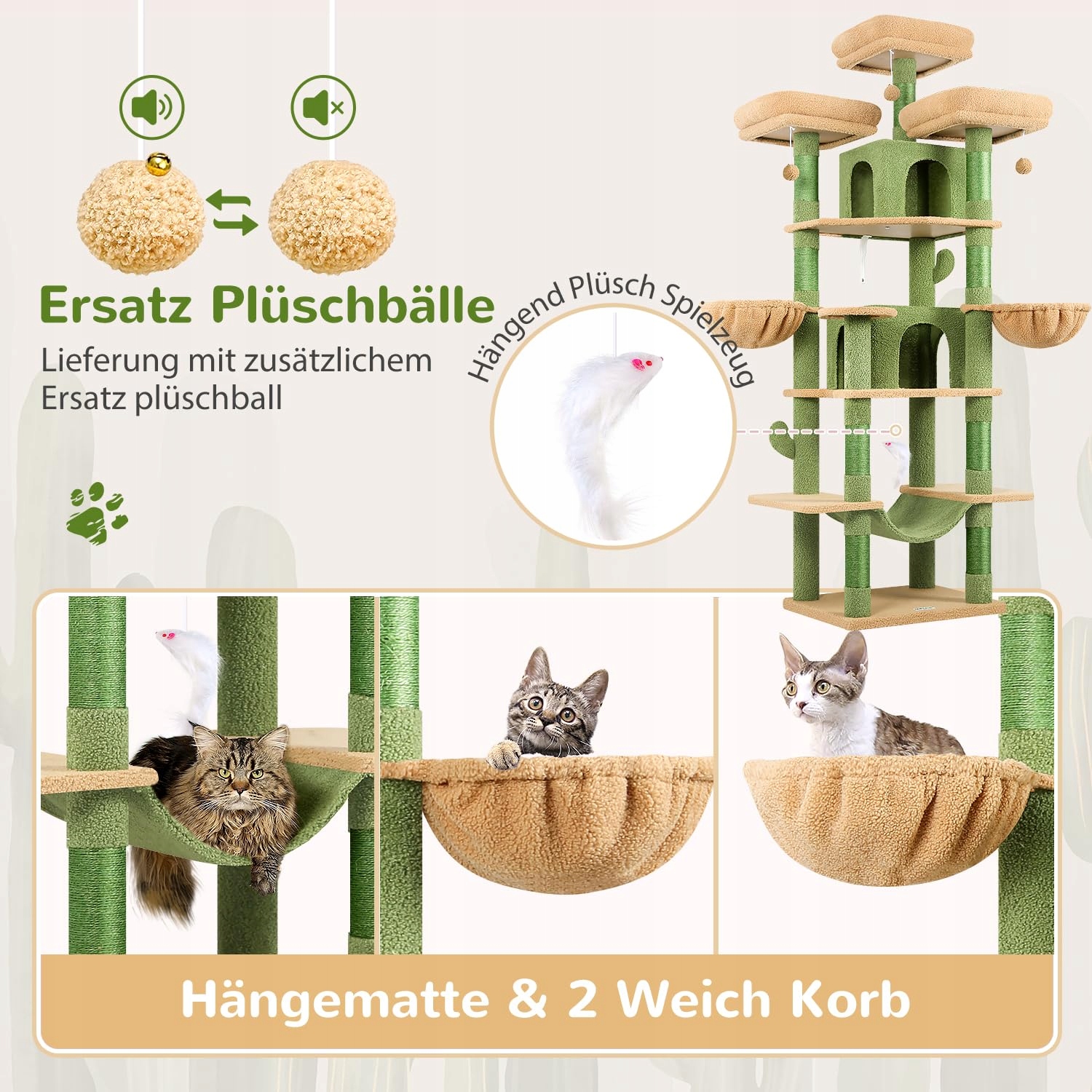 GLOBLAZER Drapak Kaktus Zielony XXL 203 cm 3 Legowiska 2 Domki 2 Kosze — miniatura 5