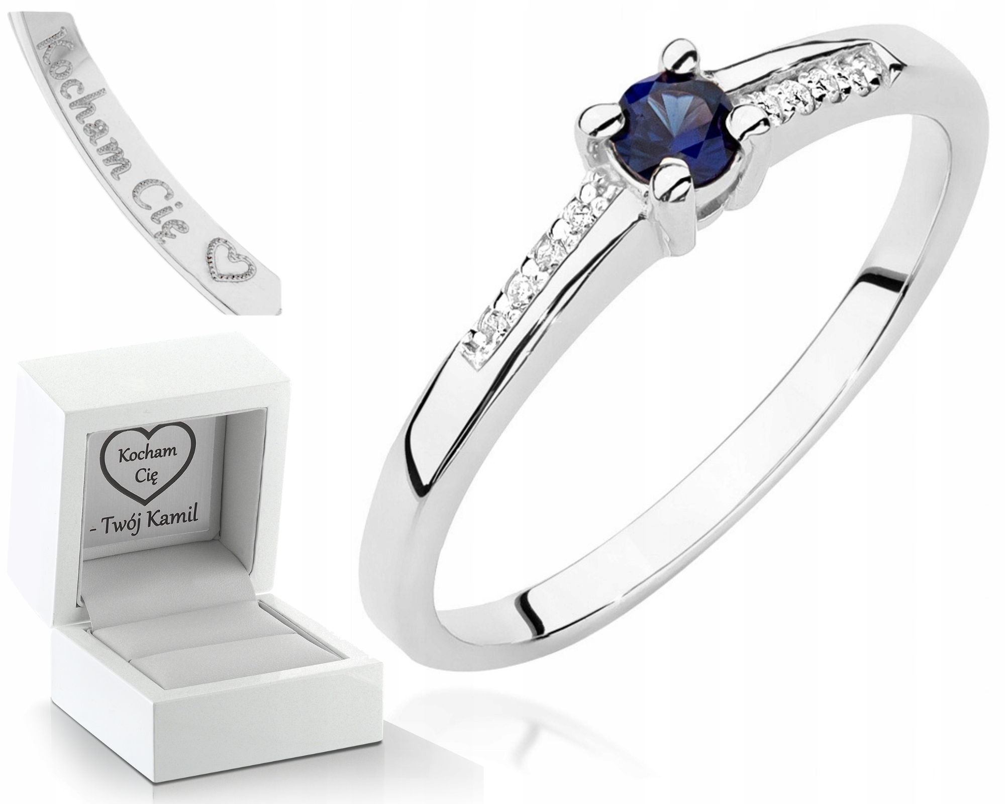 Bílé Zlato Prstýnek Safírový Briliant 585 Gravírování