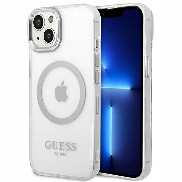Pouzdro pro iPhone 14 Plus Guess Metal Outline MagSafe Stříbrné