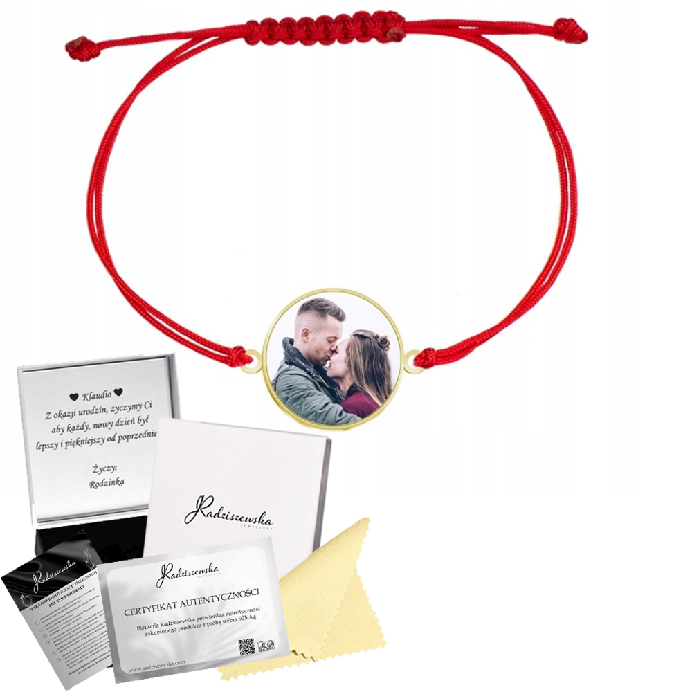 Zlatý náramek s fotografií a personalizací, šňůrka, stříbro 925 Gravírování Bonus