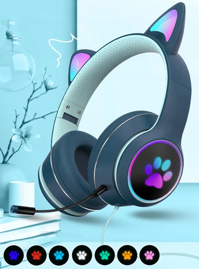 SŁUCHAWKI Z MIKROFONEM DLA GRACZY KOCIE USZY SŁUCHAWKI GAMINGOWE PRZEWODOWE Długość przewodu 1.2 m