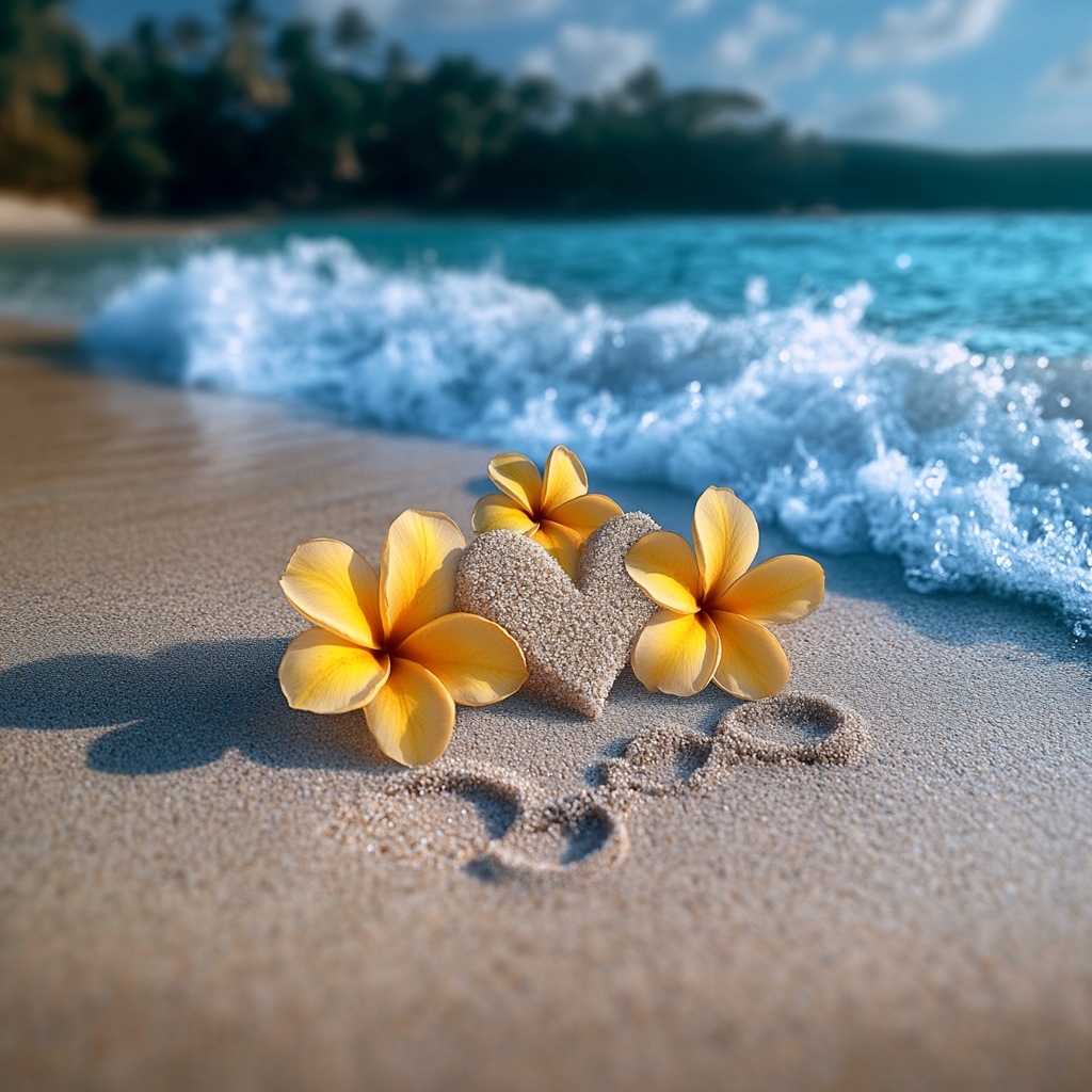 Obraz Na Plátně Canvas Moře Pláž Písek Srdce Květiny Plumeria 80x80