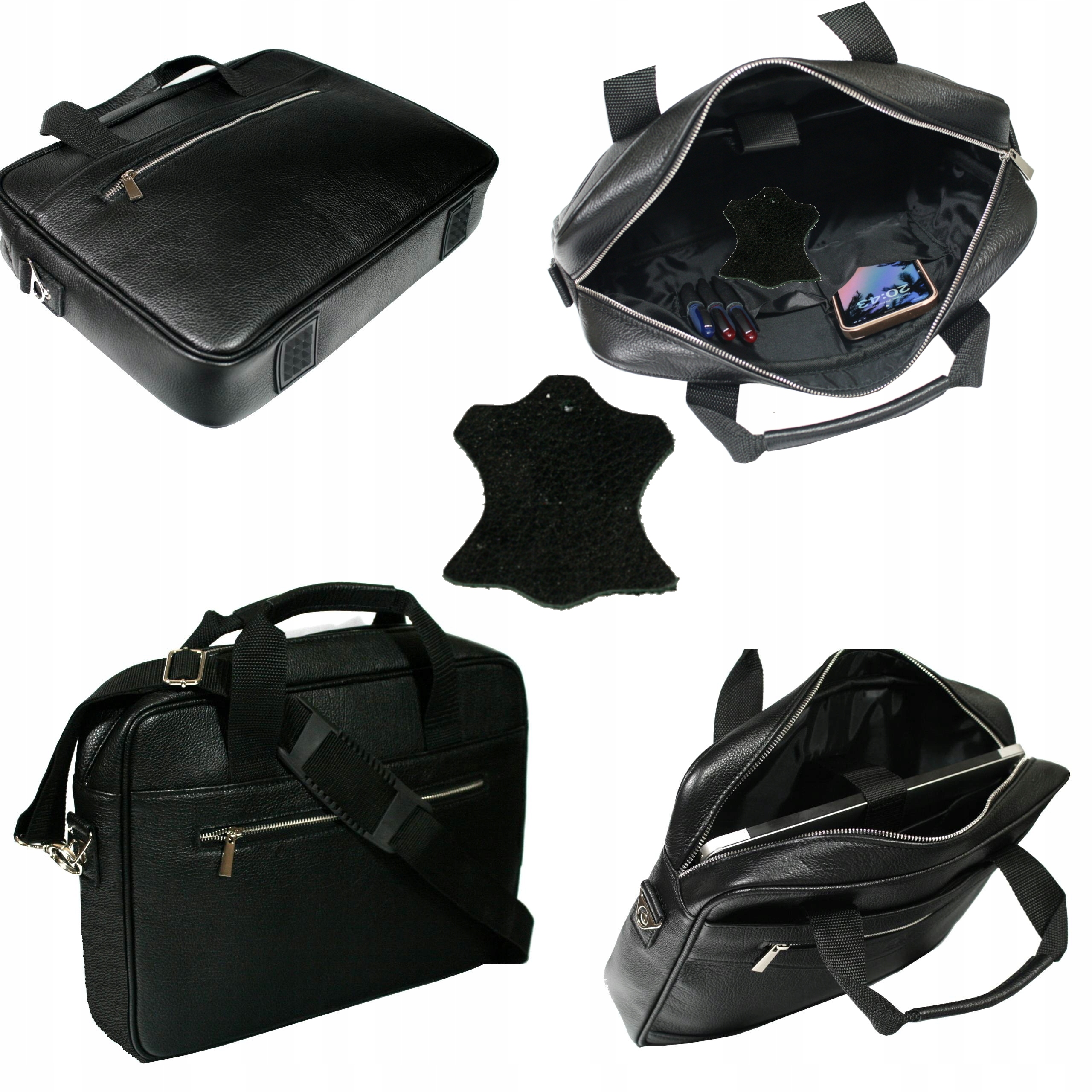 Kožená taška s přihrádkou na notebook 15 přes rameno černá polská výroba