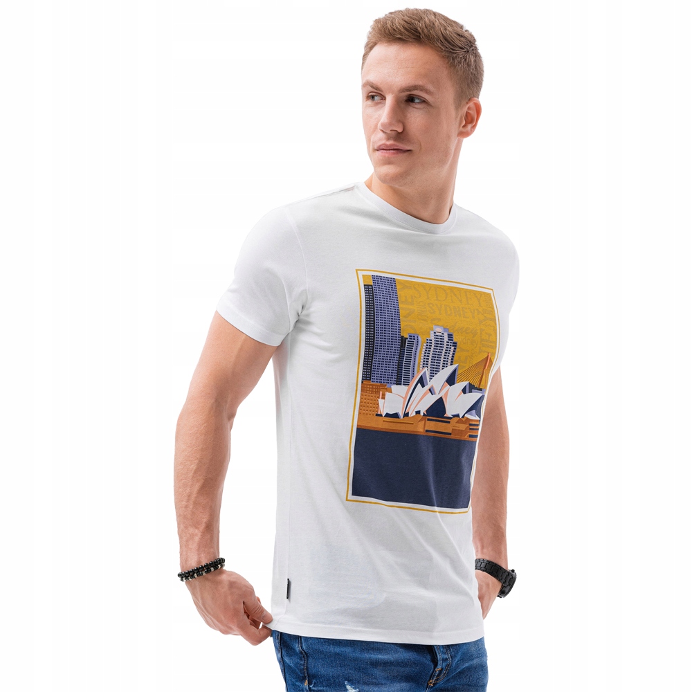 

T-shirt męski z nadrukiem S1434 V-7A biały XL