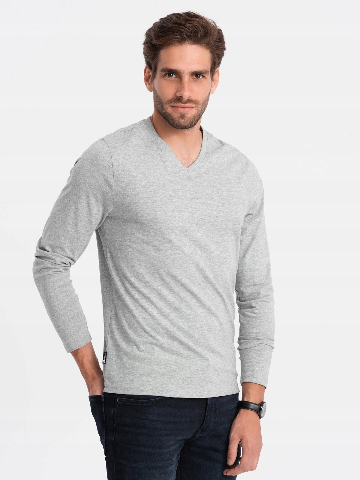 Koszulka męska Longsleeve bez nadruku V-NECK szary melanż V7 OM-LSBL-0108 X Kolekcja Cotton Line