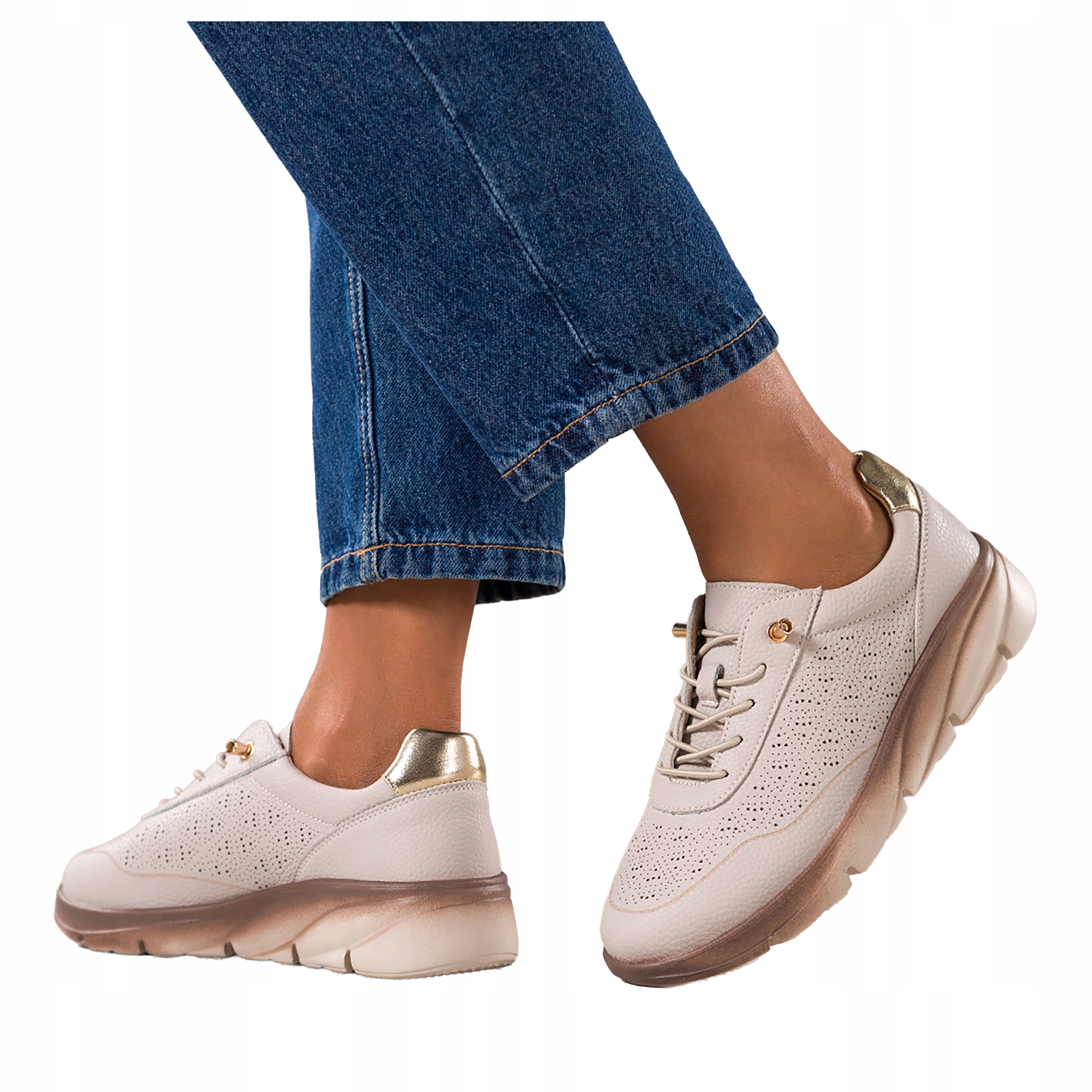 Béžové dámské šněrovací tenisky ažurové na platformě Kožené vel. 36