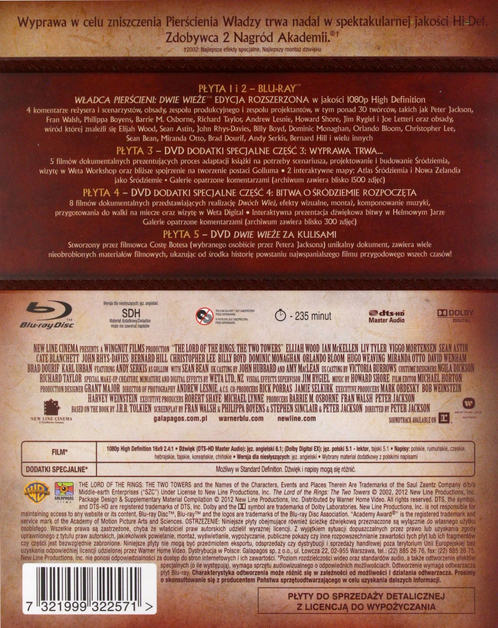 WŁADCA PIERŚCIENI DWIE WIEŻE (EDYCJA ROZSZERZONA) [BOX] [2XBLU-RAY]+[3DVD] Stan opakowania oryginalne