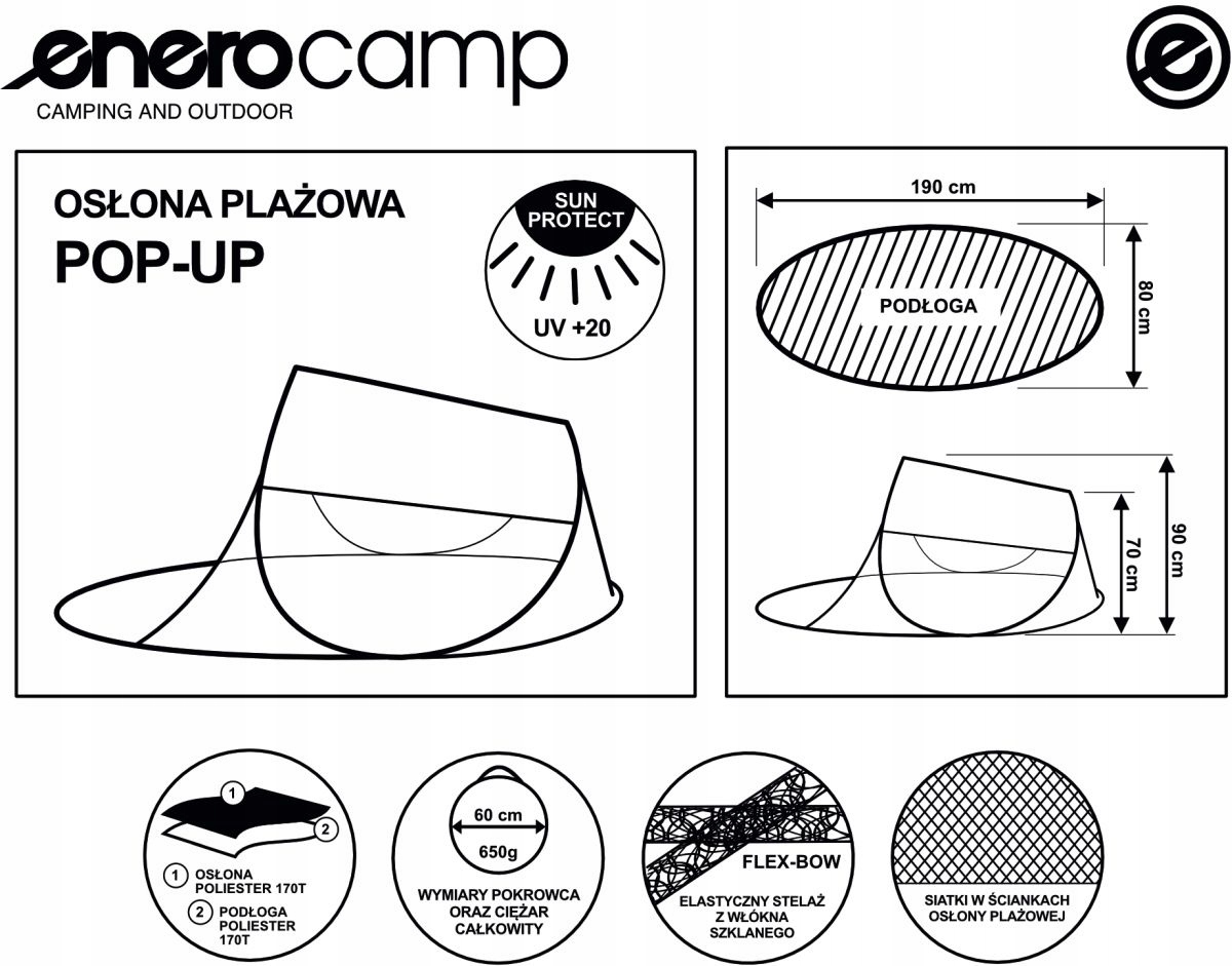 NAMIOT PARAWAN PLAŻOWY SAMOROZKŁADAJĄCY 190X80X90 Rodzaj plażowy