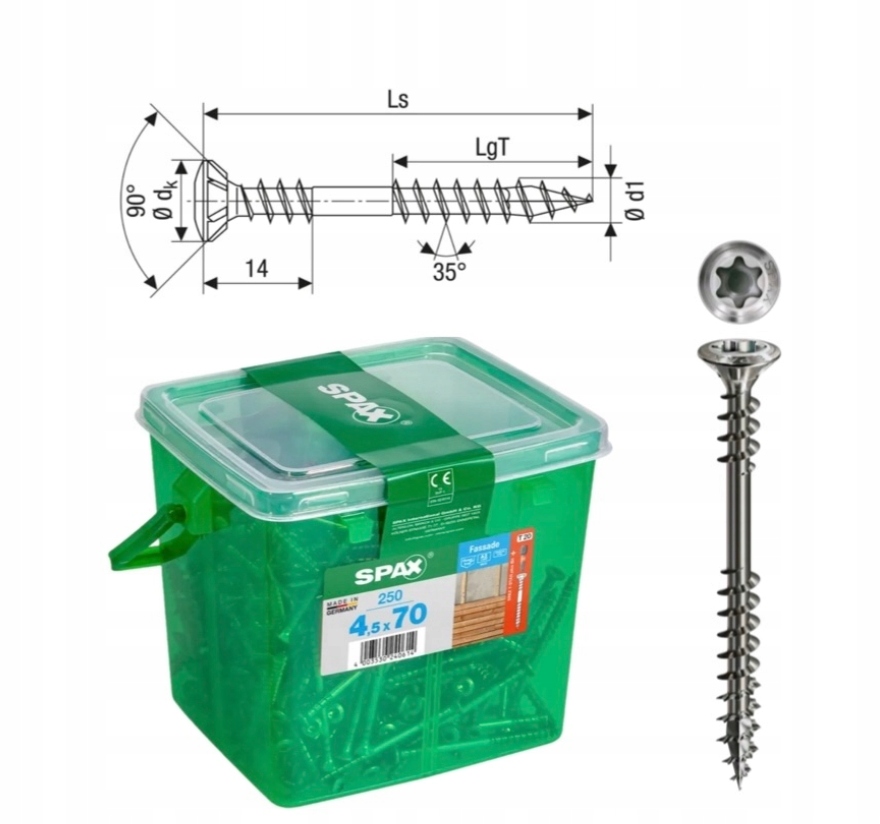 Vruty do dřeva HKB/Spax Fasáda stříbrná 4,5 x 70 A2TX 250 ks