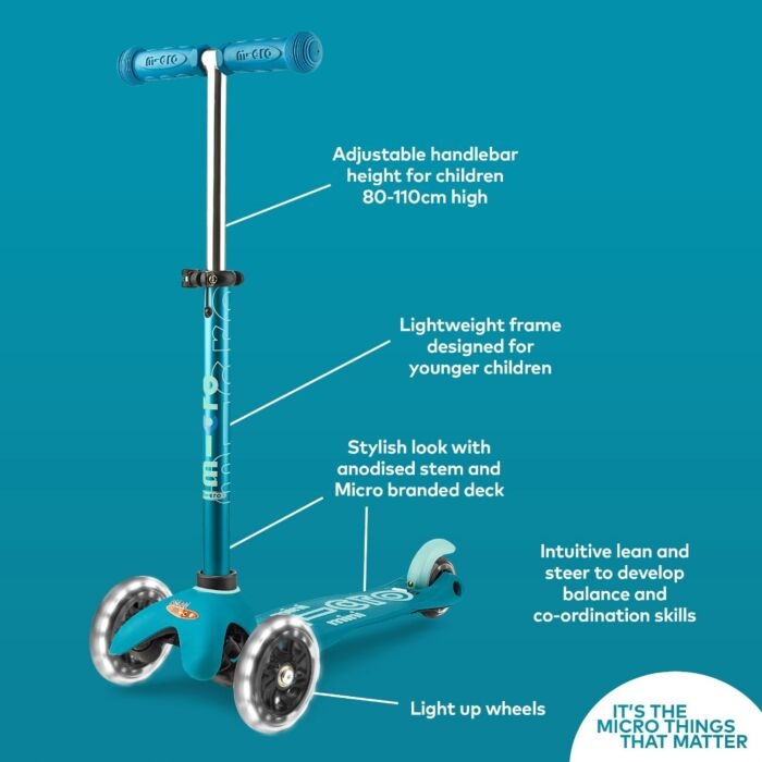 HULAJNOGA MINI MICRO DELUXE Trójkołowa LED AQUA Hamulec tak