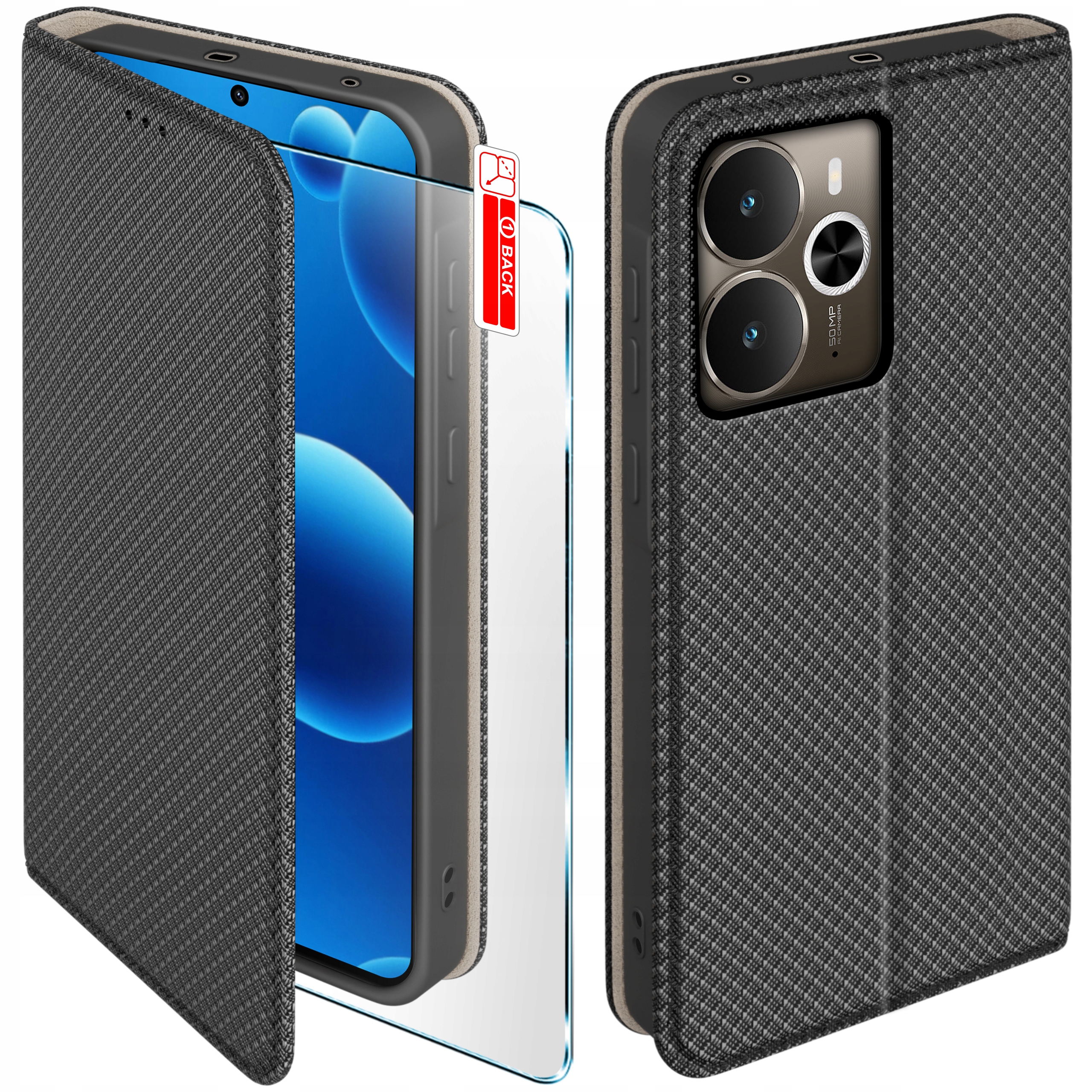 Etui z klapką do Realme 14 5G Zamykane Czarne Futerał Szkło 9H