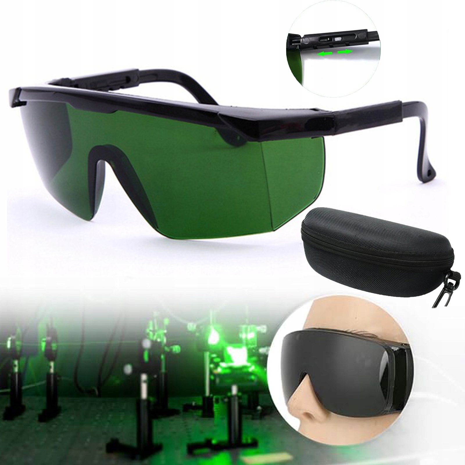 Zelené ochranné brýle pro laser s černým rámem, odolné, nastavitelné pro pohodlí