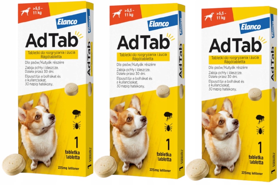 Adtab Dog tabletka na pchły i kleszcze dla psa 5,5-11 kg 225 mg x 3 tab.