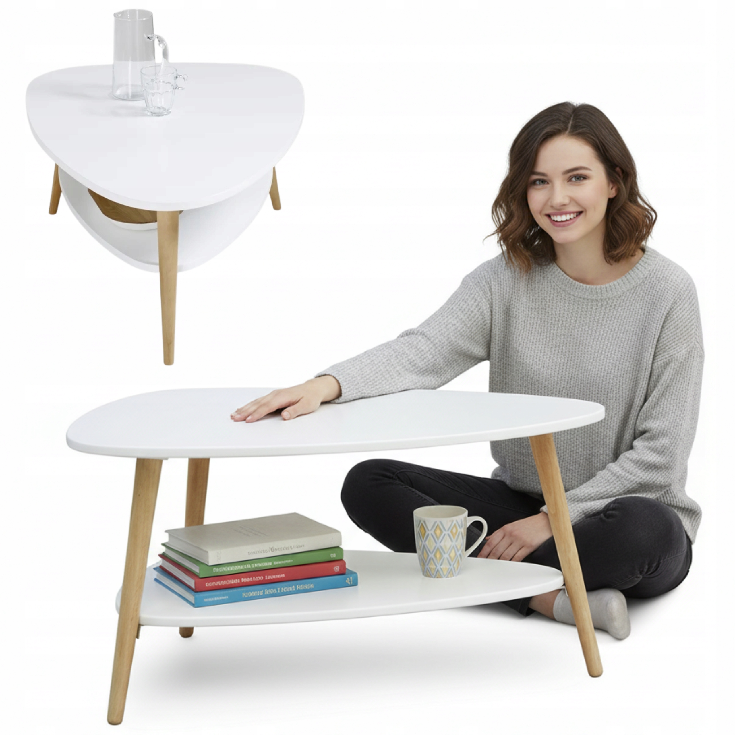 Kávový Stolek Oválný S Policí 90 CM, Borovicové Nohy, Bílá Barva, Loftový Stůl Do Obývacího Pokoje