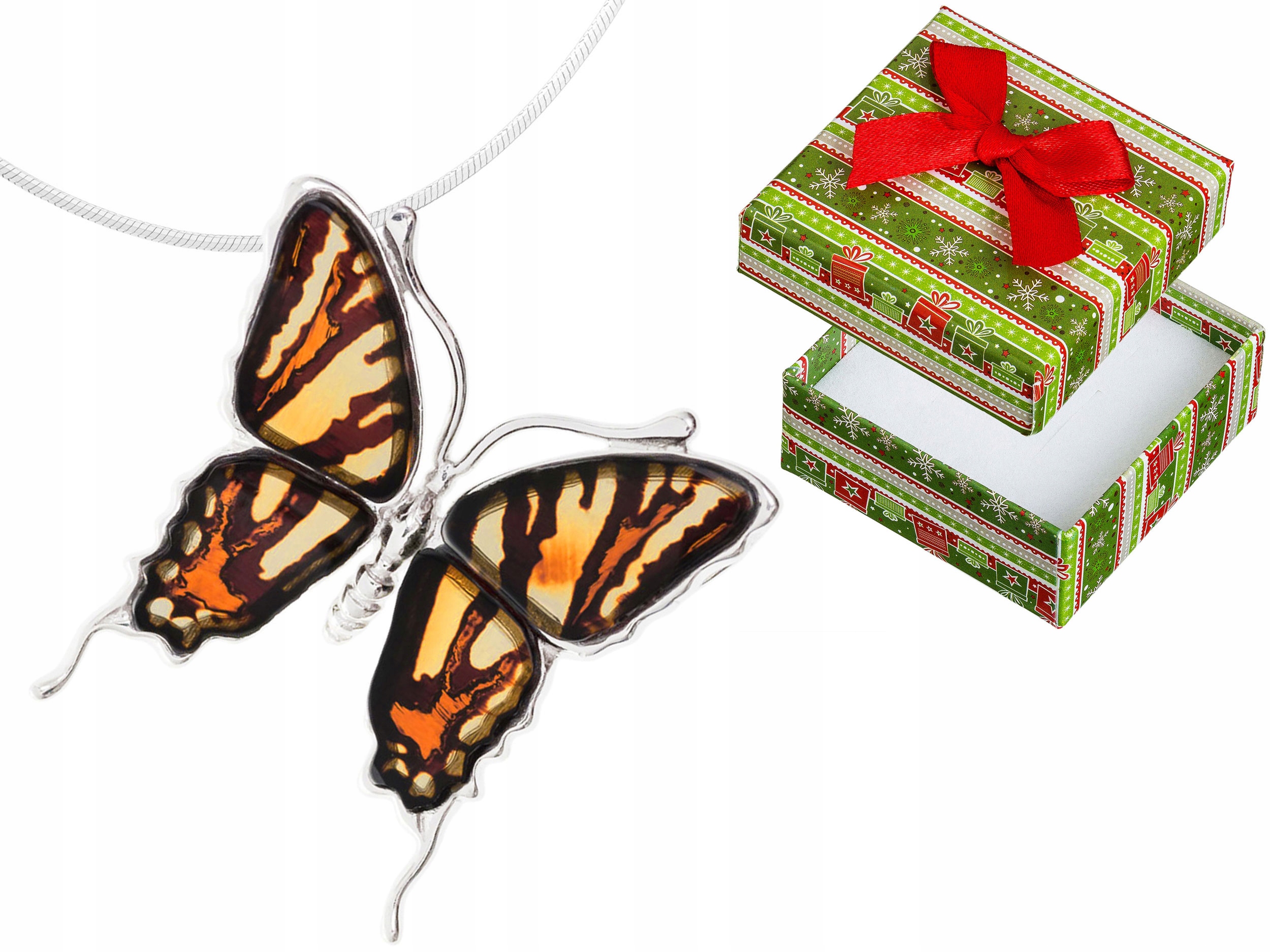 Krátký stříbrný dámský náhrdelník Motýl s gravírováním Jantar Choker Stříbro 38