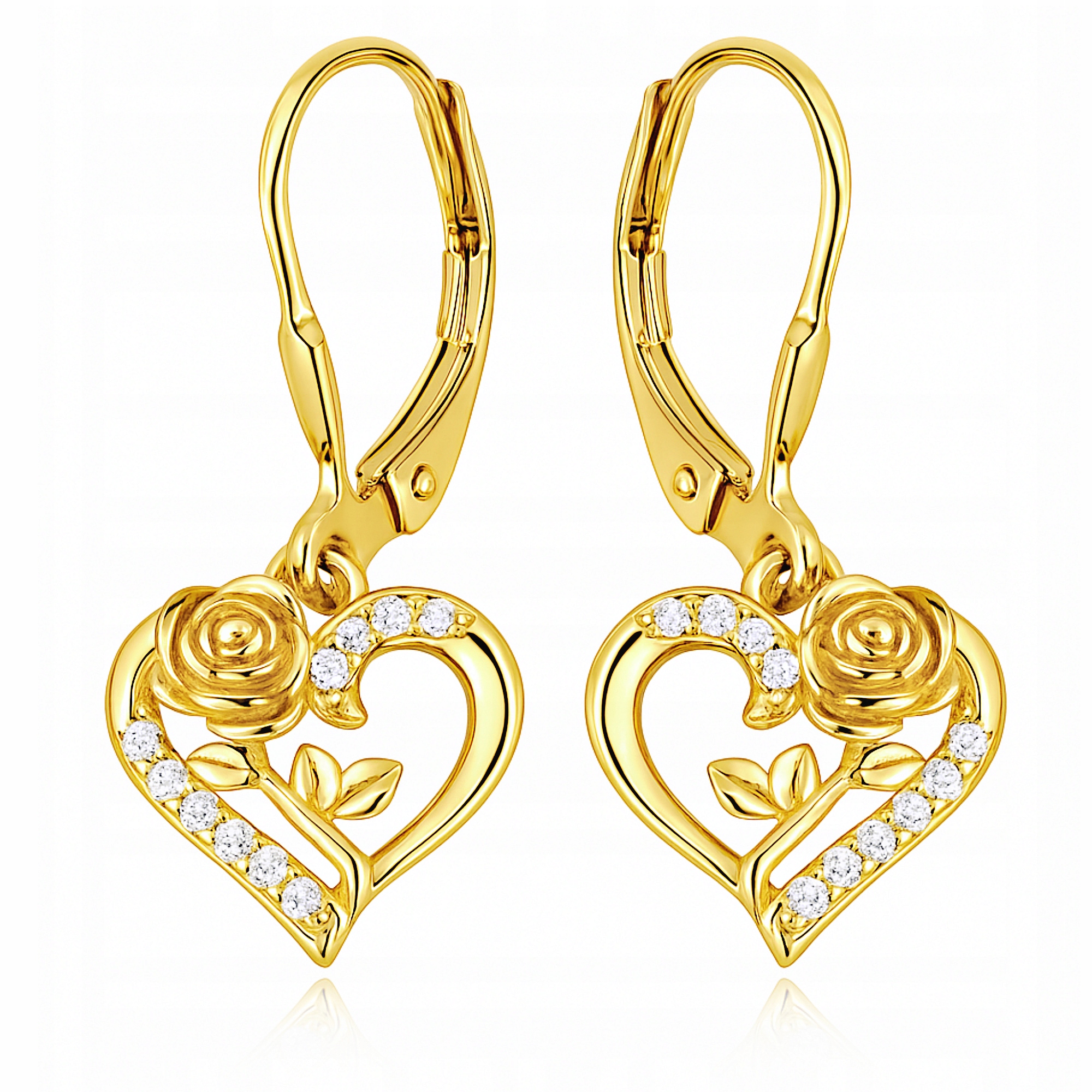 Złote Kolczyki 925 Wiszące Serca z Różą Angielskie dla Kobiety