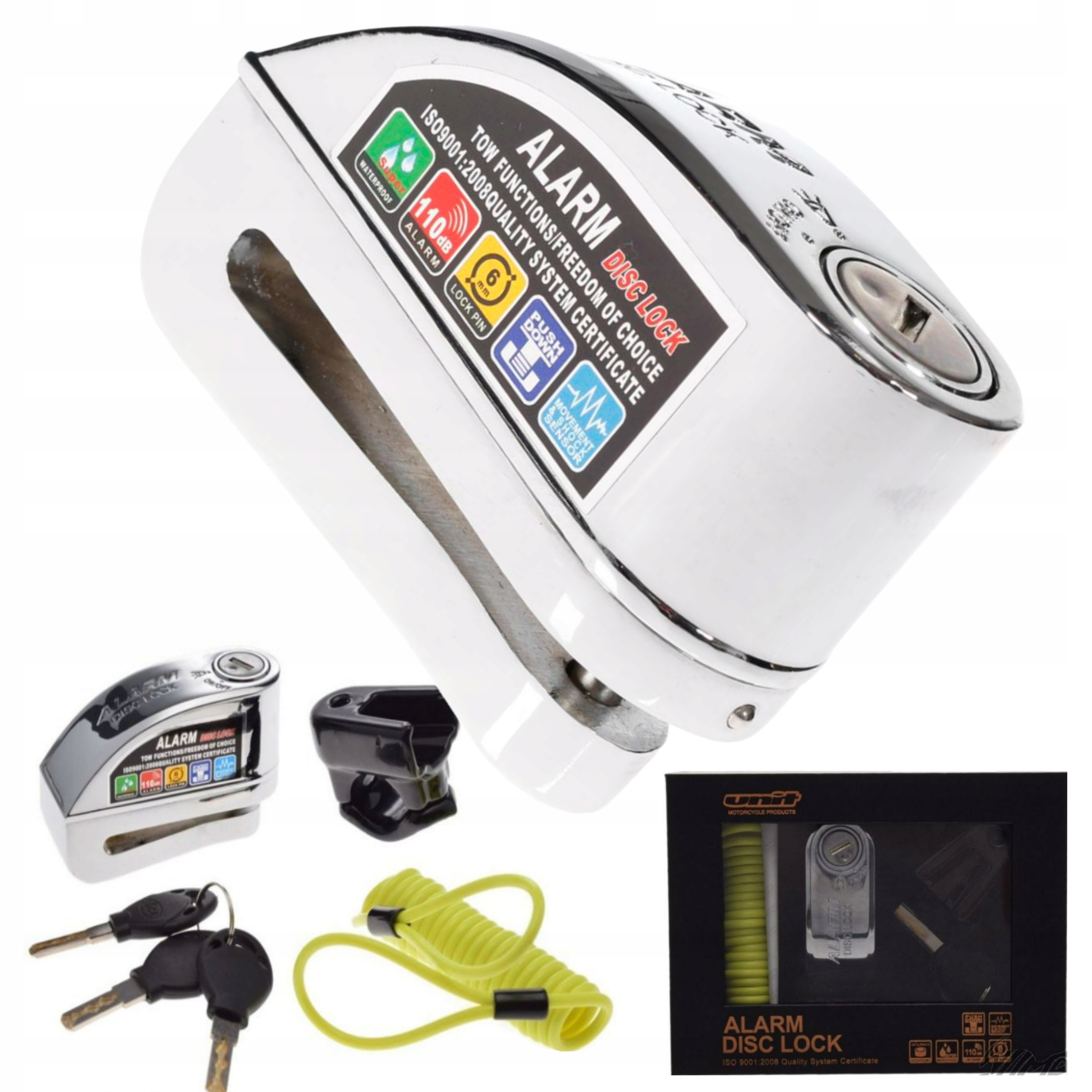 Unit Blokáda S Alarmem Na Brzdový Kotouč Motocykl Kolo Skútr 110dB 6mm