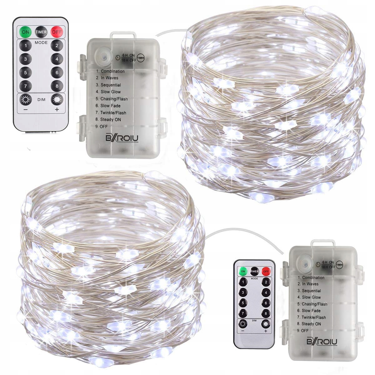 BXROIU 2x50 LED Srebrny Drut Mikro Lampki Na Baterie 8 Programów Zimne — miniatura 7
