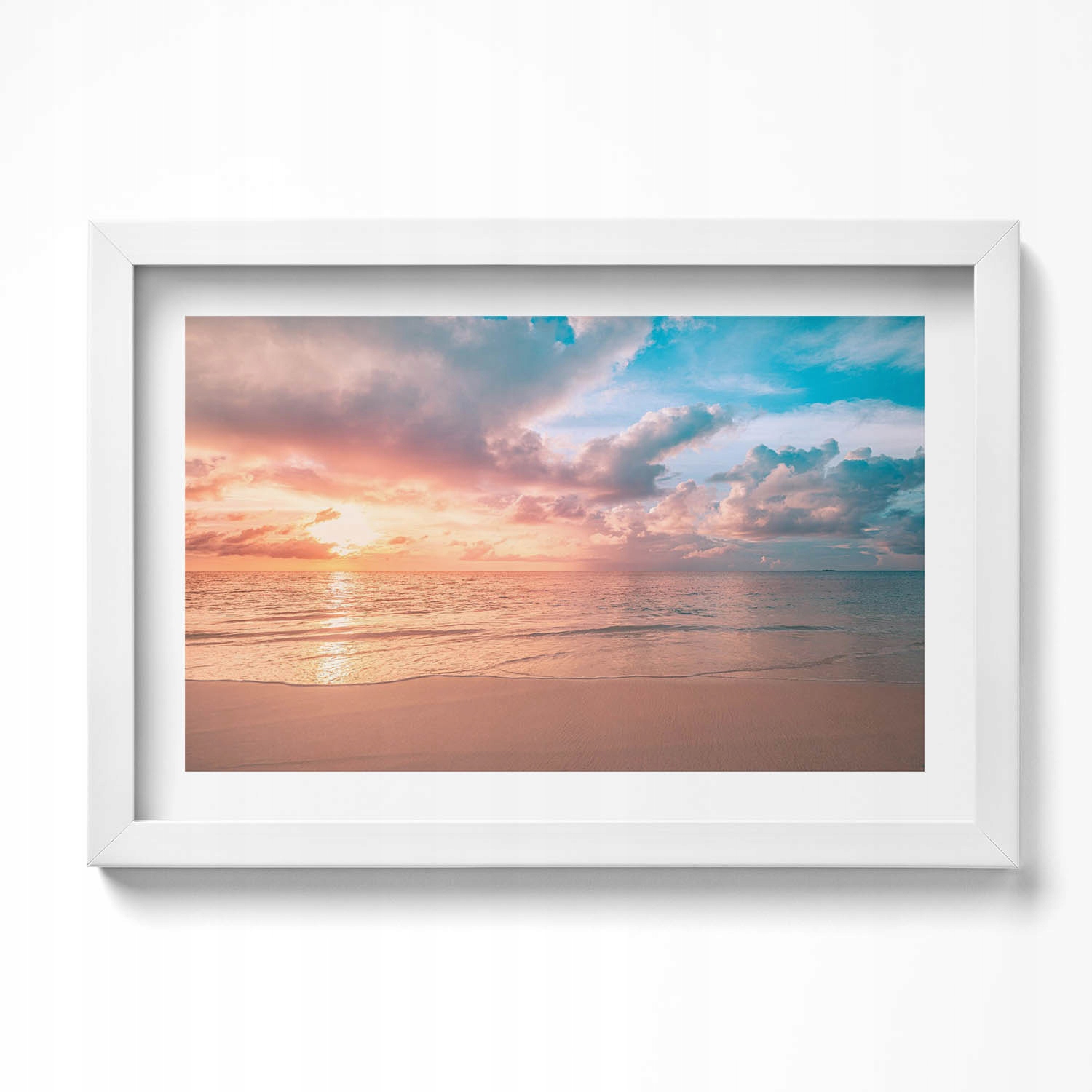 Obraz grafika v bílém rámu Romantický západ slunce nad mořem 30x20 cm
