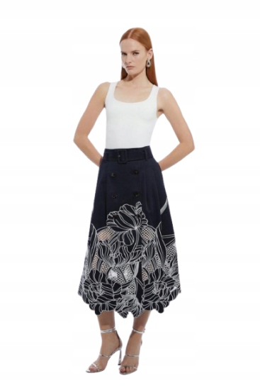 Karen Millen Tmavě Modrá Sukně MIDI S Páskem A Výšivkou Petite 36 B1F