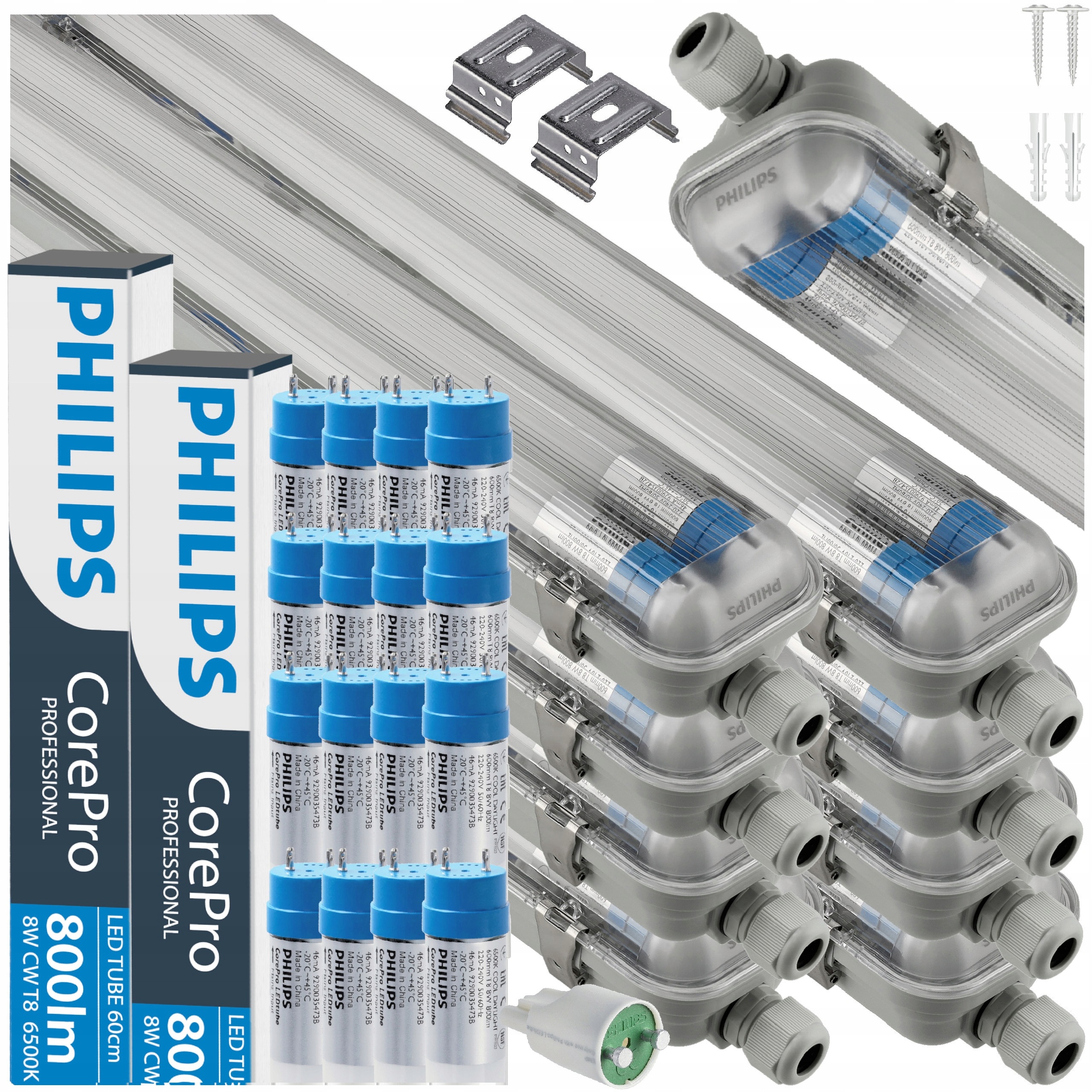 Hermetické Led svietidlo Philips CorePro 2x60 cm Lampa 18W 6500K Sada 8x