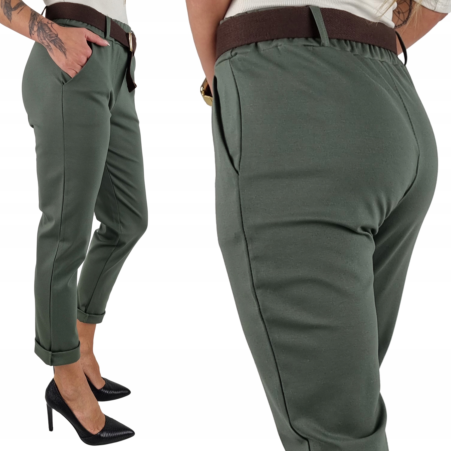 Zuzu spodnie eleganckie damskie cygaretki 7/8 zielony