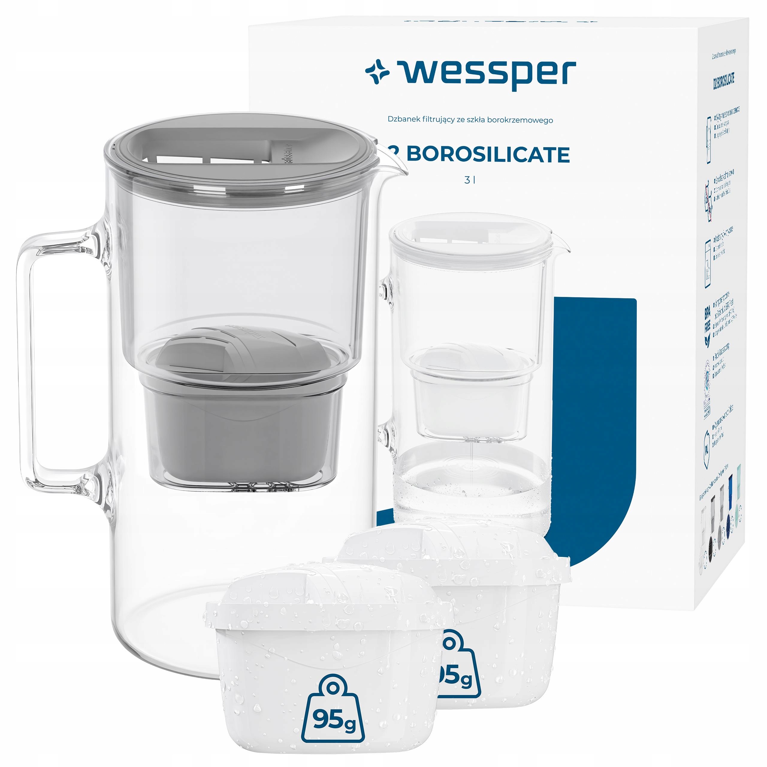 Filtrační konvice skleněná Wessper D2 Borosilicate 3 l šedá 3x filtr