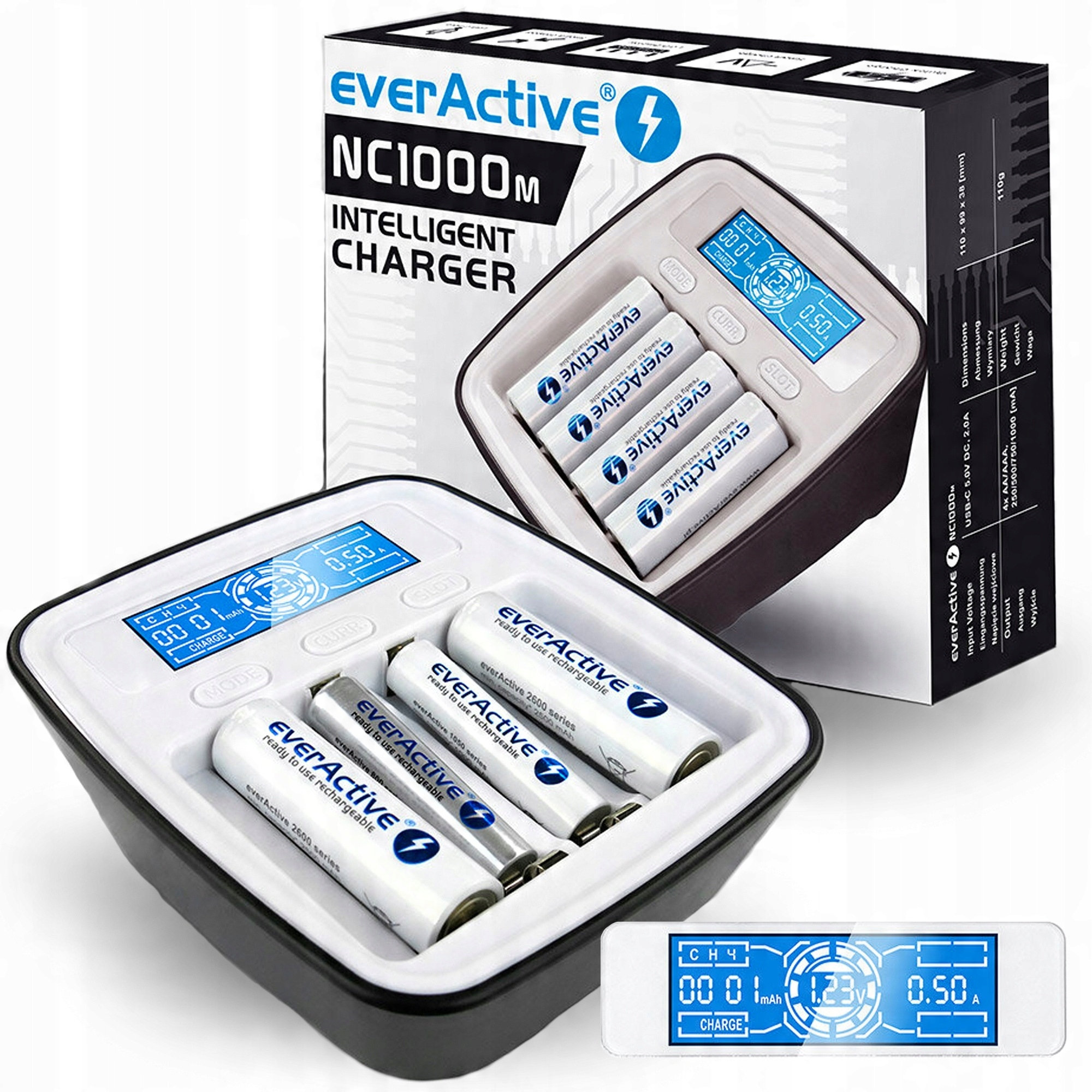 Kompaktní nabíječka EverActive pro akumulátory NC-1000M Ni-MH Usb-c