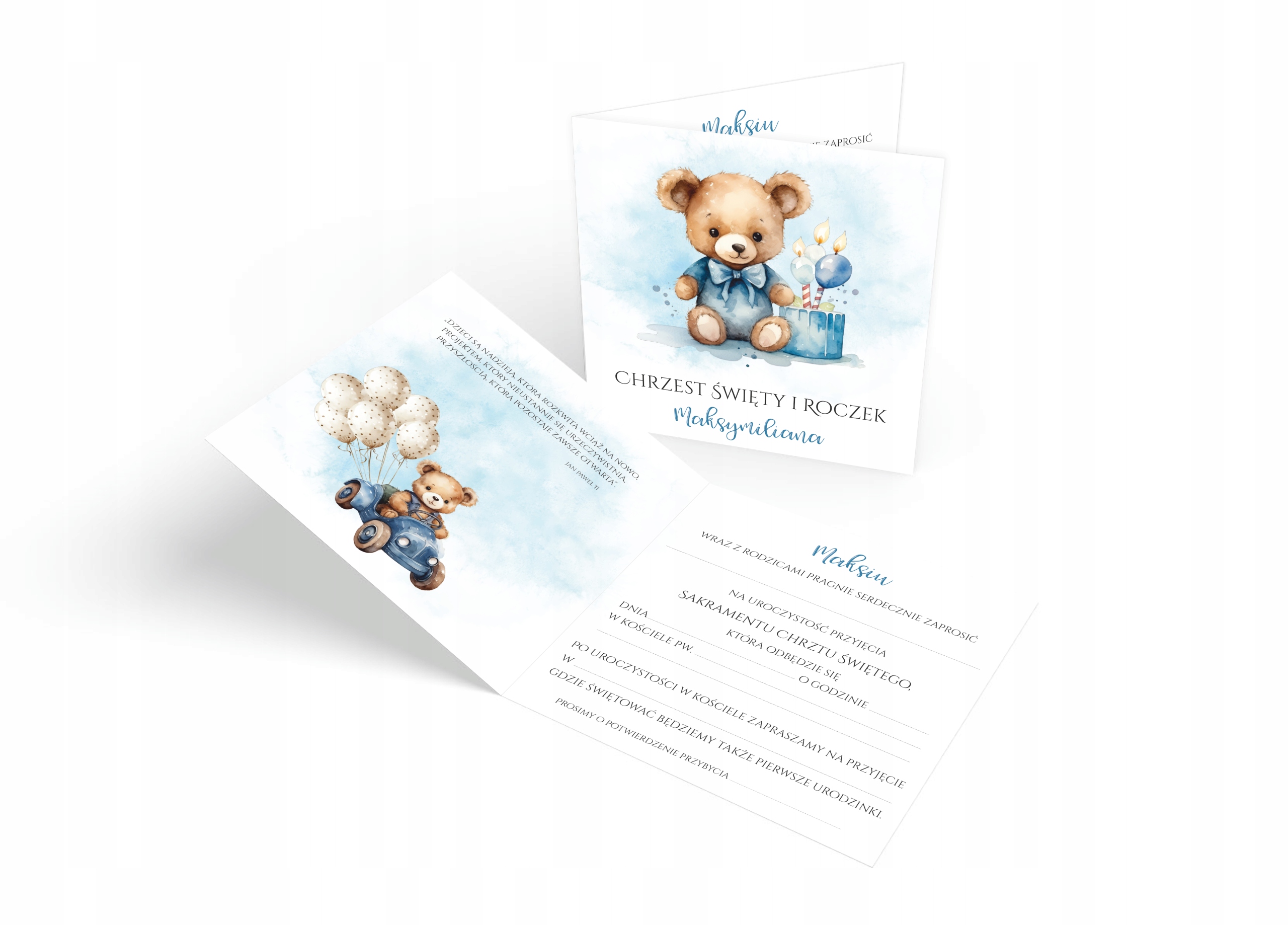 ZAPROSZENIA NA CHRZEST I ROCZEK + IMIĘ + KOPERTA BOHO MIŚ Kolor dominujący wielokolorowy