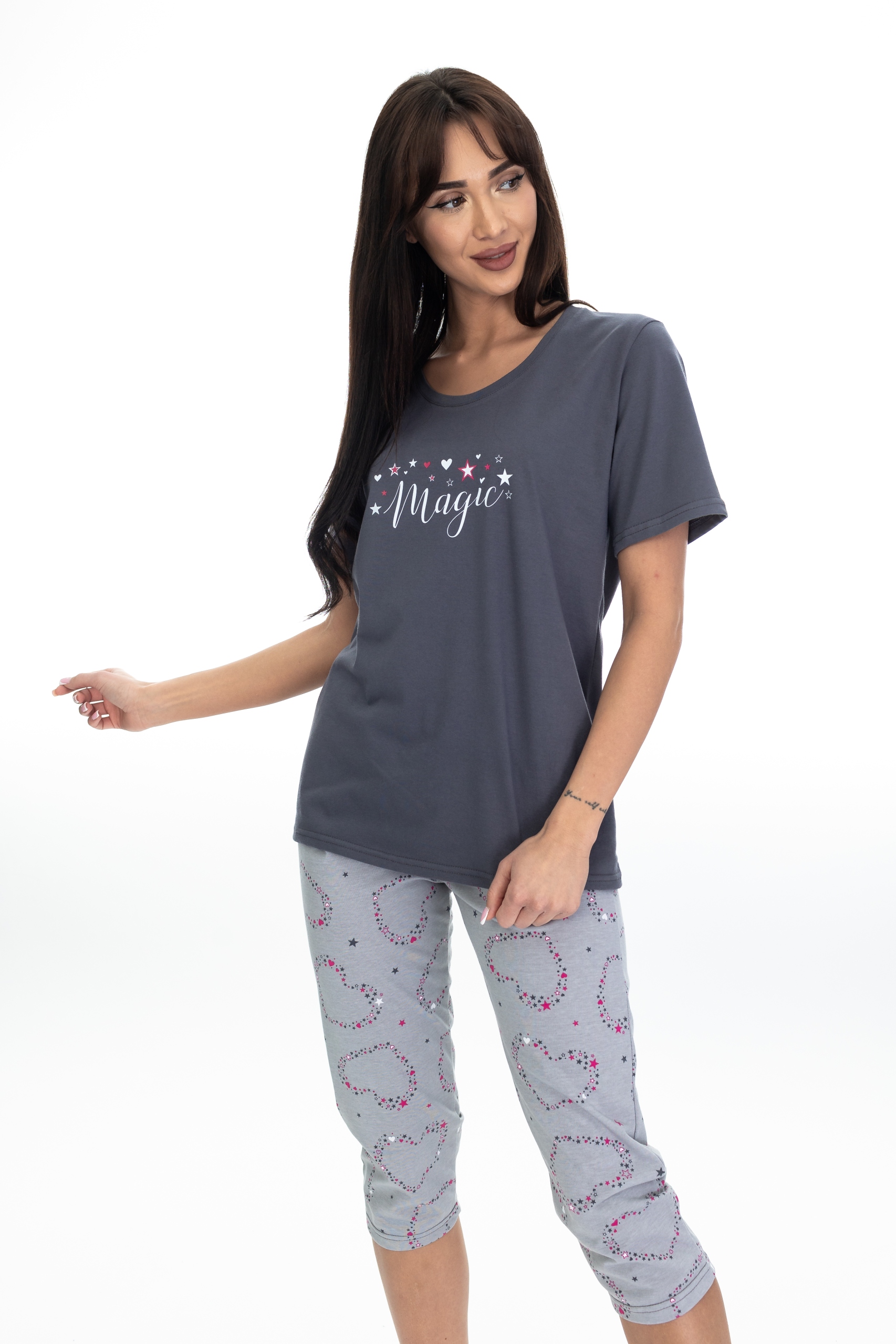 PIŻAMA DAMSKA KR.RĘKAW 3/4 SPODNIE KUBA GRAFIT MAGIC 5XL Kolekcja KB