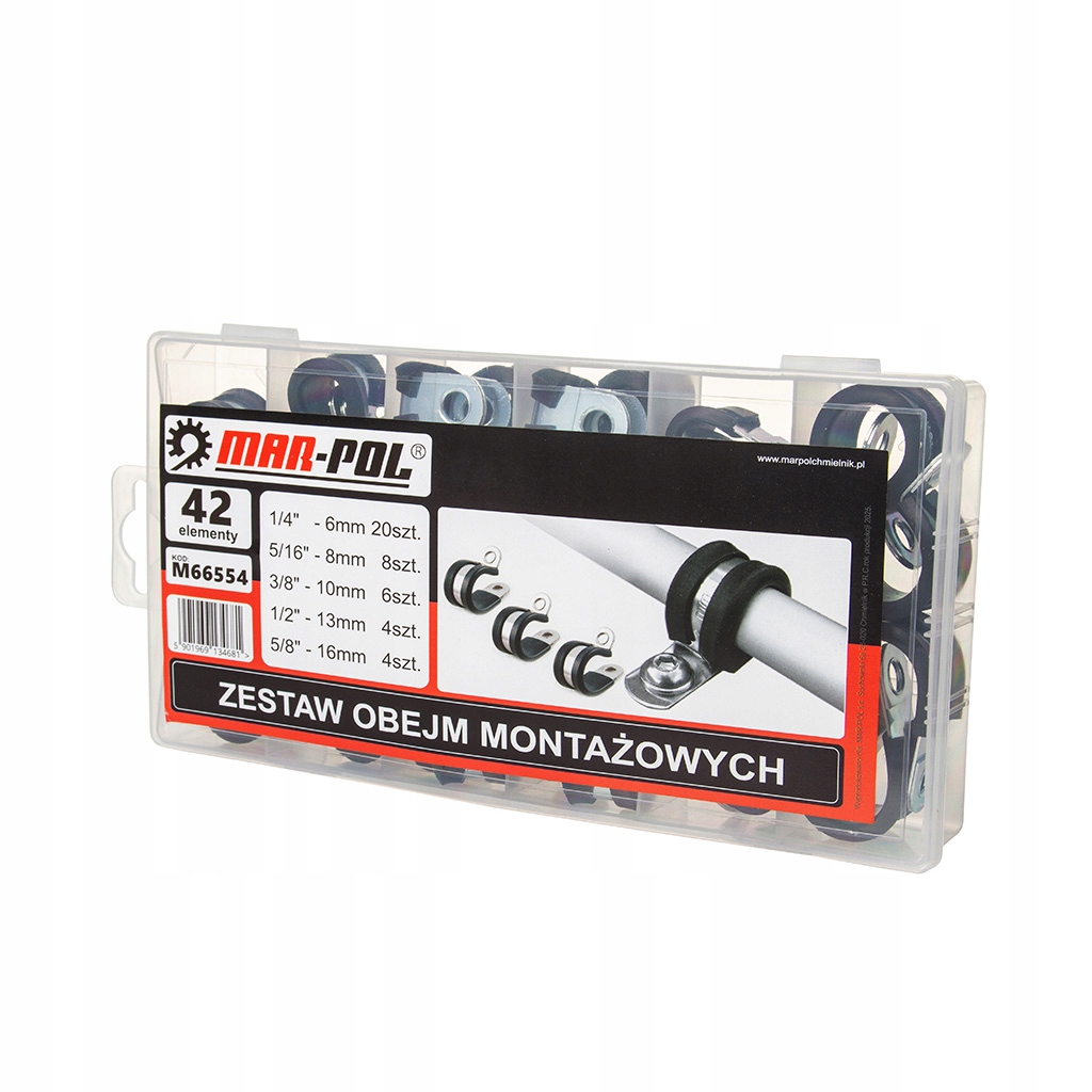 НАБІР МОНТАЖНИХ ЗАТИСКАЧІВ ДЛЯ ПІДВІСКИ ТРУБ, КАБЕЛІВ ТА ШЛАНГІВ, 42 ПРЕДМЕТИ, MAR-POL