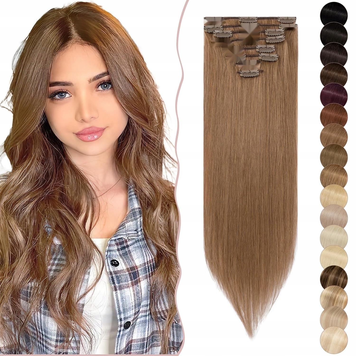 Clip-In Real Hair Extensions, zestaw 8-częściowy, miękkie włosy Remy