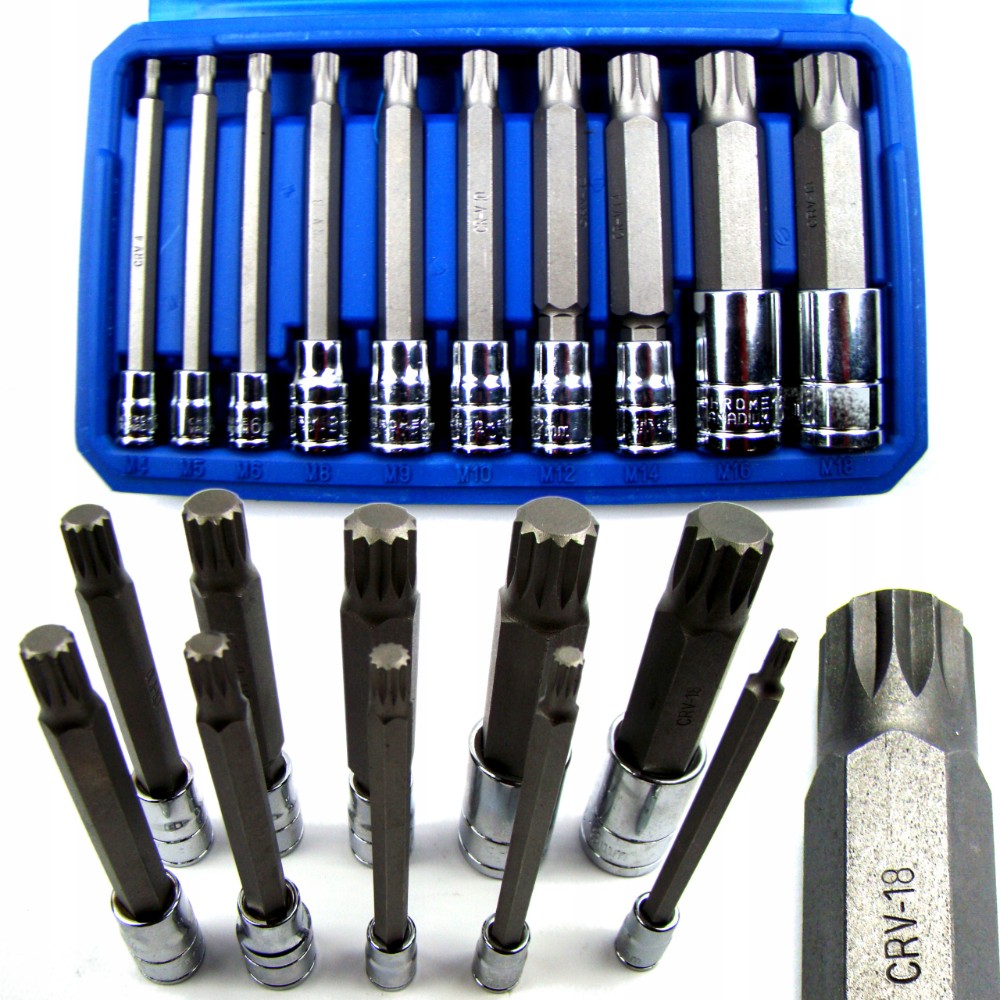 DŁUGIE BITY SPLINE 100 MM CRV 1/4" 3/8" 1/2" 10 ELE STAL CHROME VANADIUM