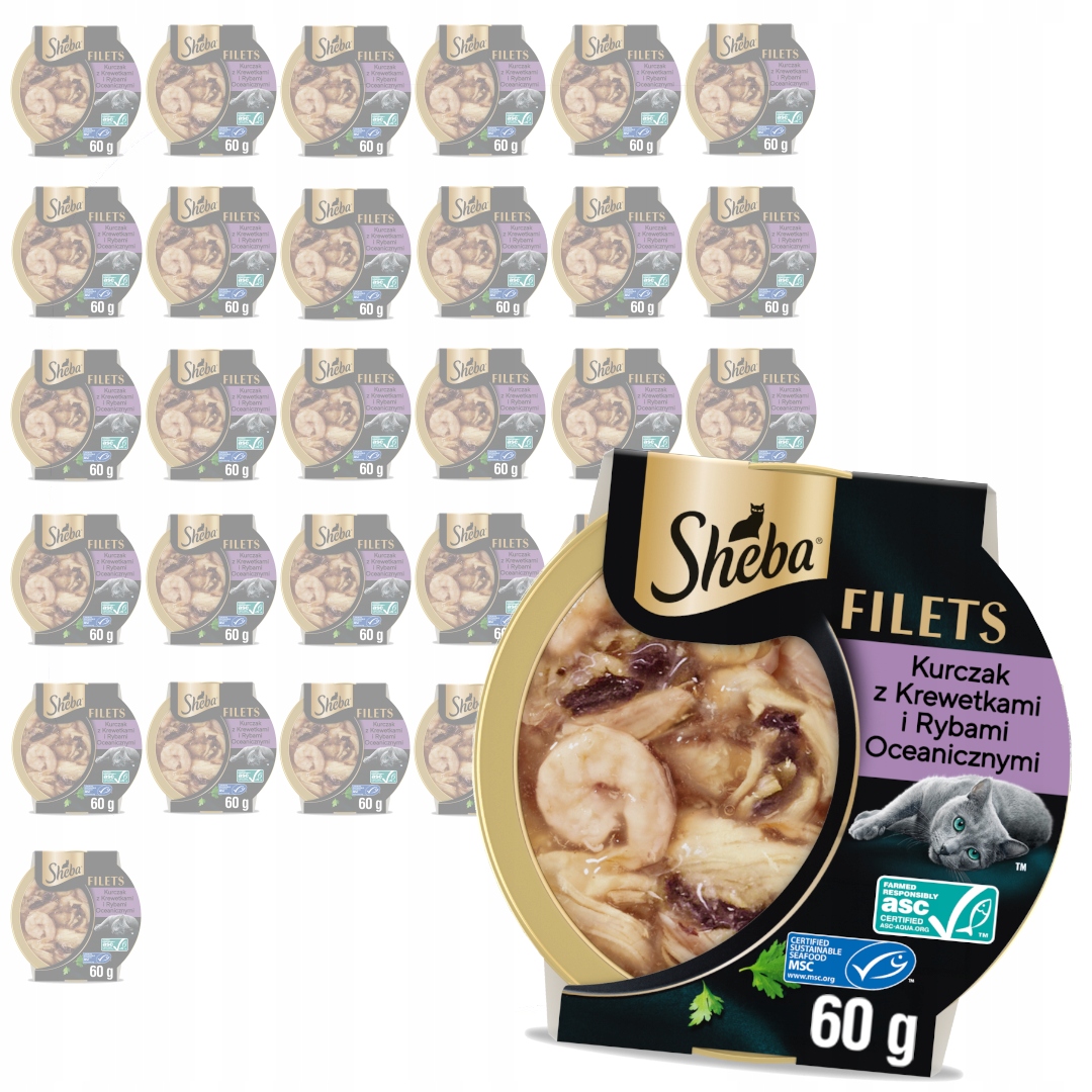 Sheba Filets 32x60g Mokré Krmivo Pro Kočky Filetky Kuřecí ryby Krevety Omáčka