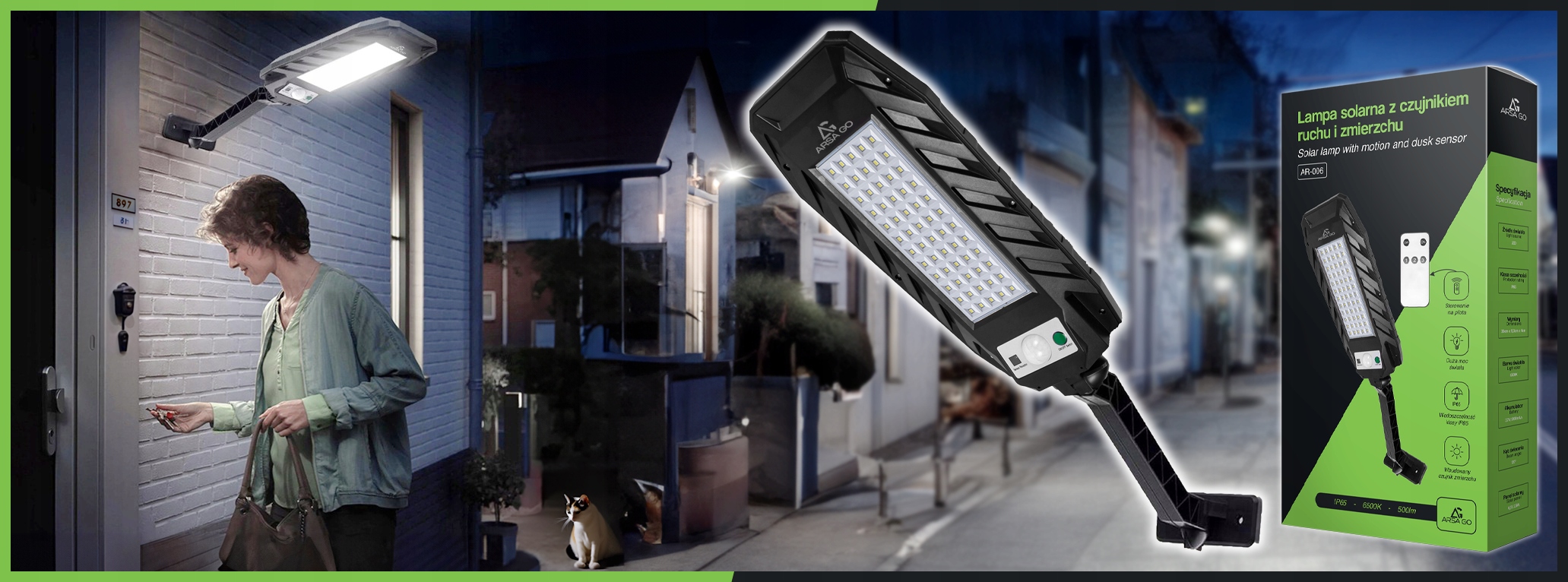 LAMPA SOLARNA OGRODOWA ZEWNĘTRZNA LED ULICZNA Z CZUJNIKIEM RUCHU ZMIERZCHU Grubość 40 mm