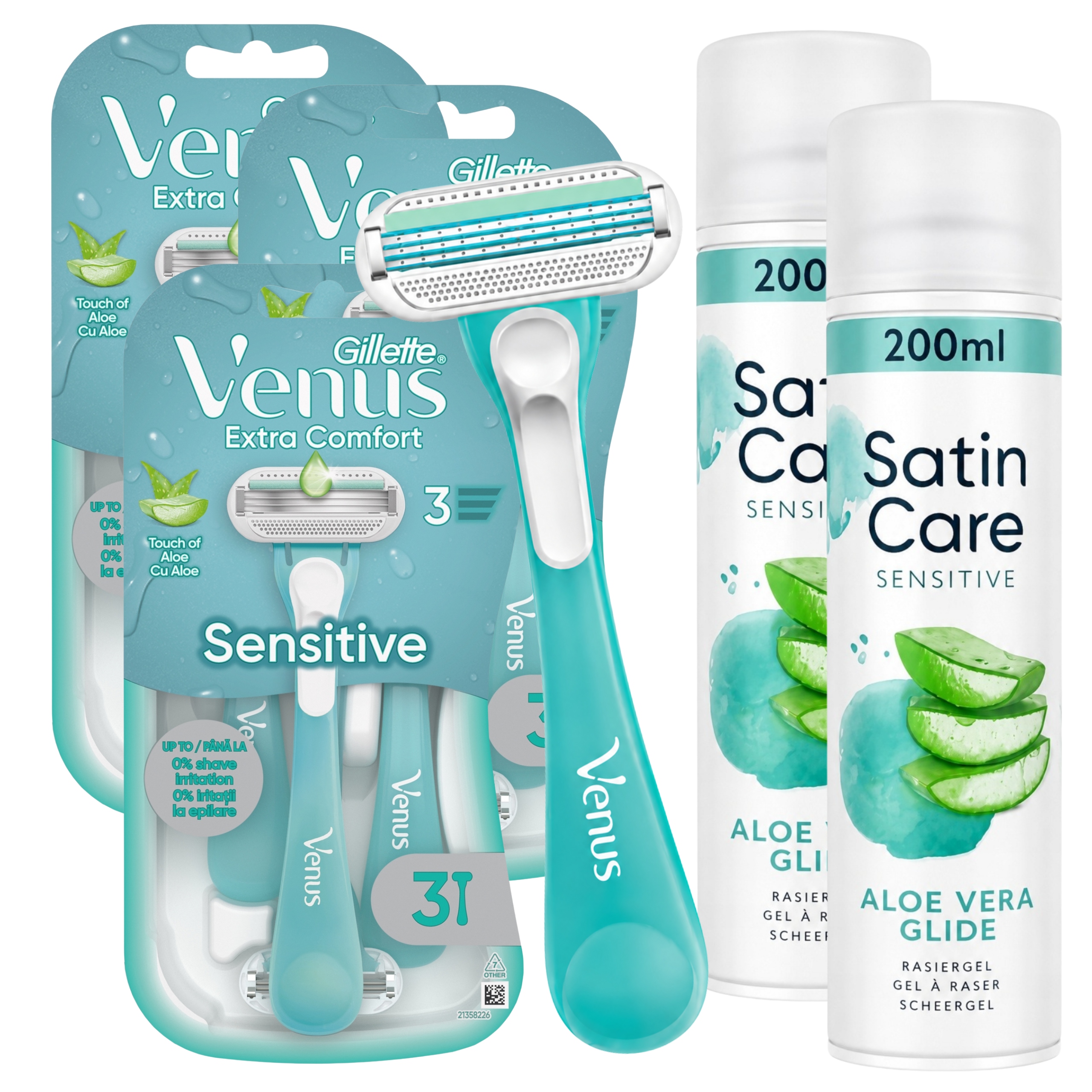 3x Dámské holicí strojky Venus Sensitive Gel s aloe vera 2x200 ml
