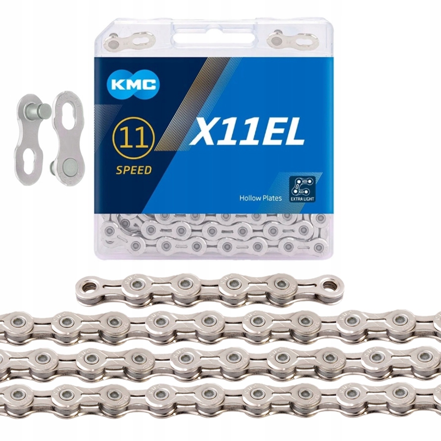 Łańcuch Kmc X11 El 118 ogniw srebrny, spinka, Box