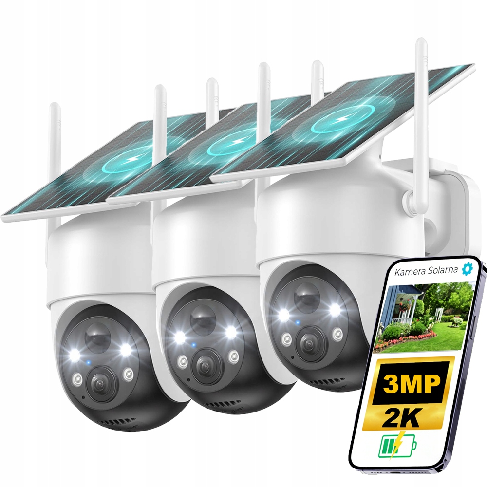 3x Venkovní otočná bezdrátová solární kamera s barevným nočním viděním