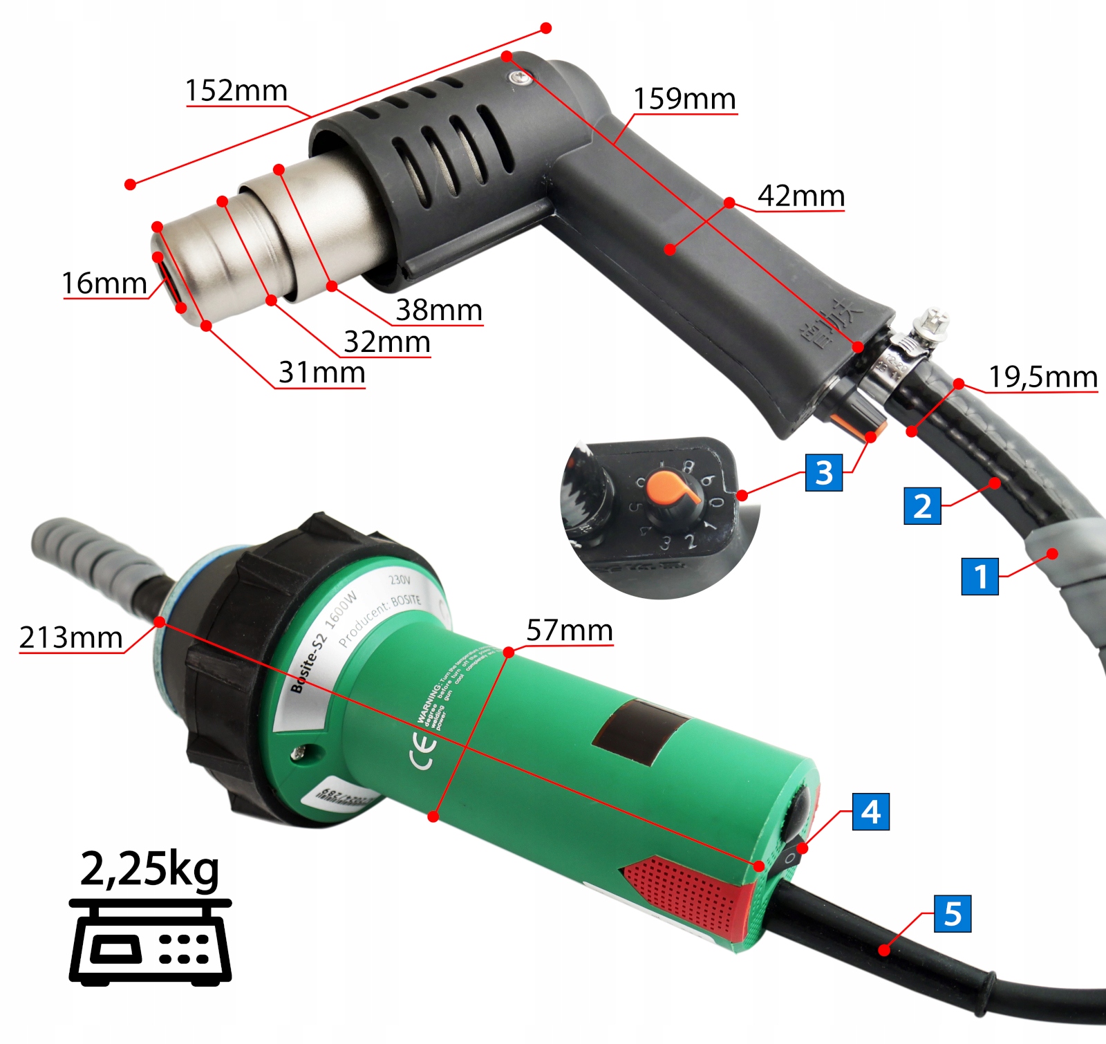 ZGRZEWARKA do plastiku BOSITE S2 180l/m Dysza długa krótka skośna gięta 3sz EAN (GTIN) 5904507010522